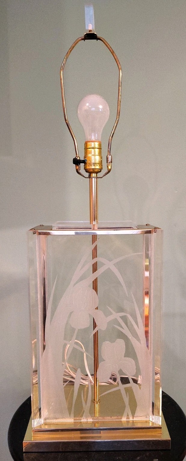 Vintage Mid 1980s Fredrick Ramond Etched Flowers Table Lamp