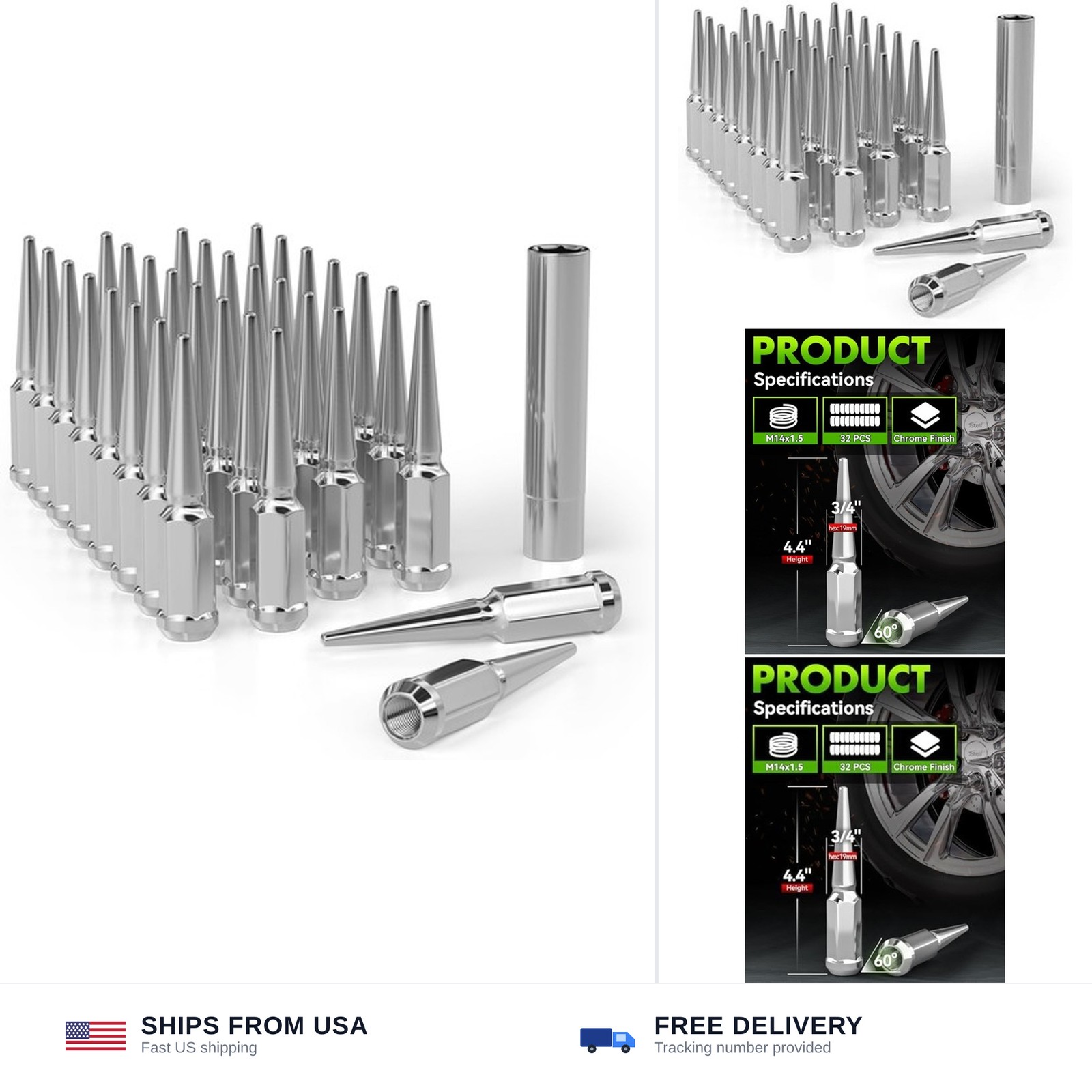 M14x1.5 Spike Lug Nuts 32PCS for Silverado Sierra Ram 2500 3500 | Chrome 4.4\
