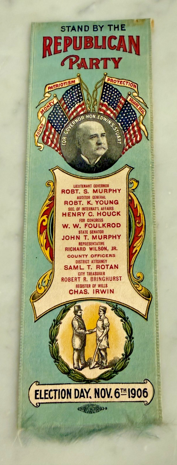 1906 Republican Campaign Ribbon – Edwin S Stuart Governor Pennsylvania Political