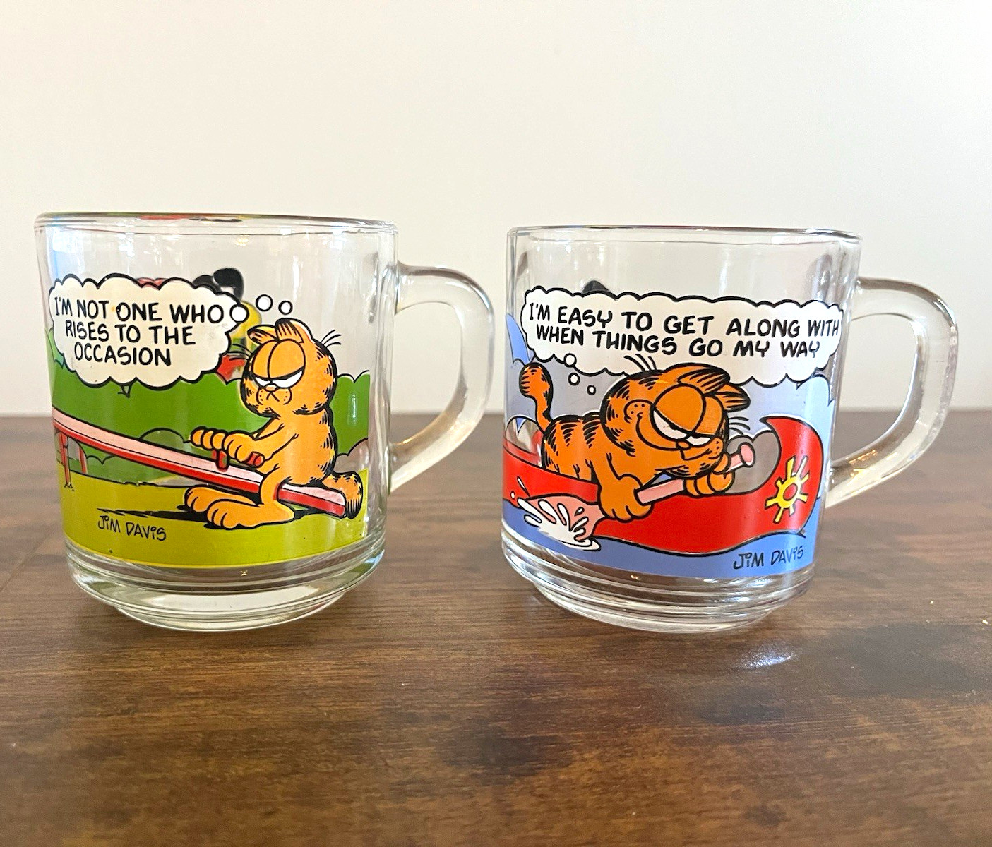 McDonald’s Garfield Glass Mugs Set of 2 Clear Multicolor Cups w/ Handles