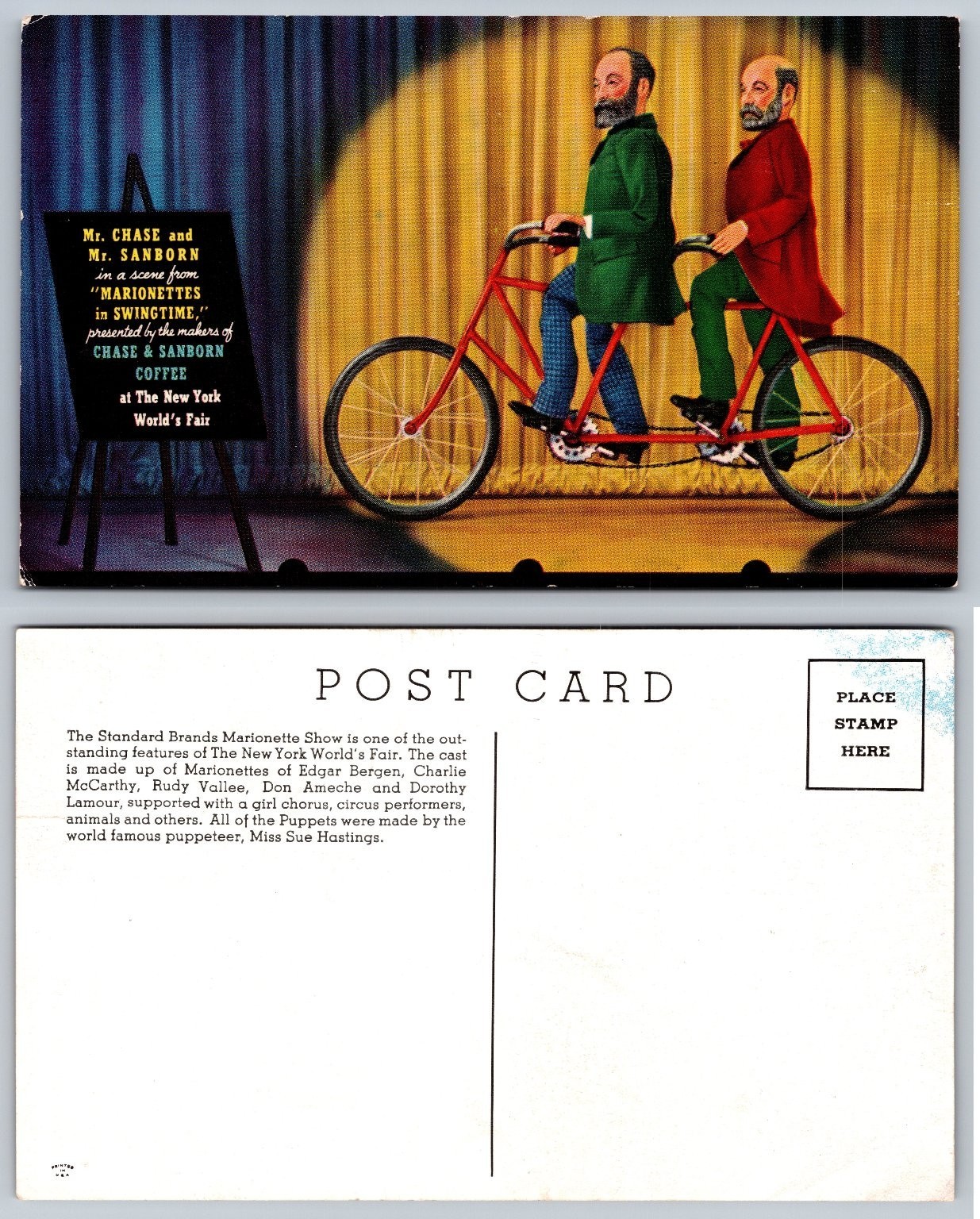 Vintage 1939-40 NY World\'s Fair Chase Sanborn Marionettes Postcard Swingtime