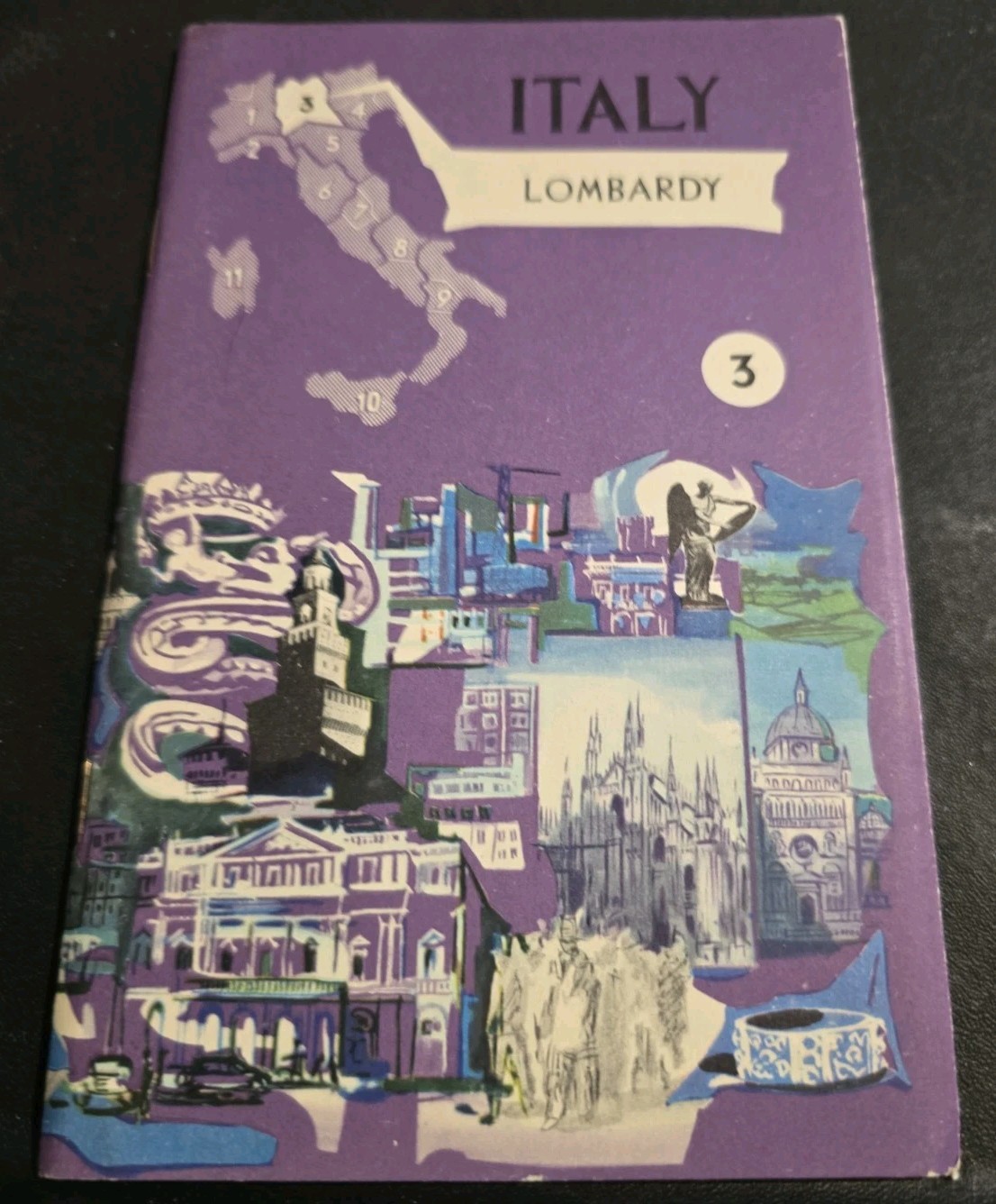 Vintage illustrated travel brochure for Italy, Lombardy region.