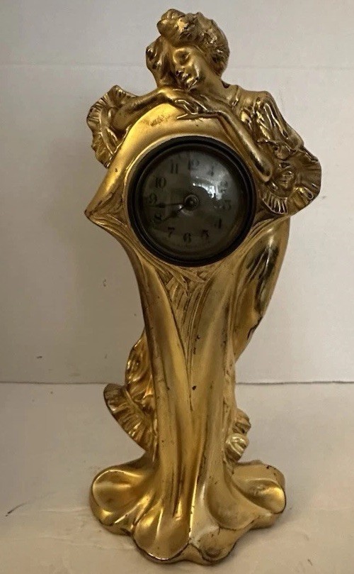 Antique Art Nouveau Figural Lady Spelter Bronze Mantle Clock 11” Antique Art Nouveau Figural Lady Spelter Bronze Mantle Clock 11”