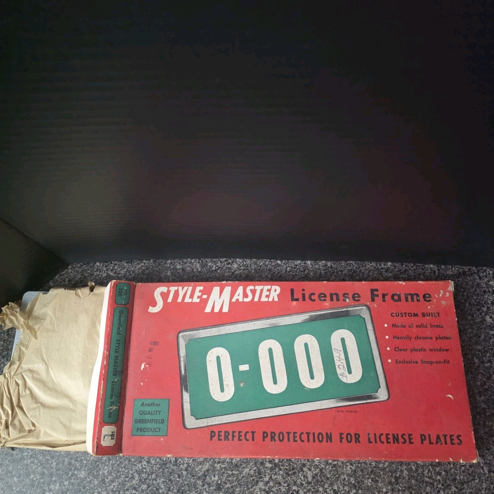 Vintage Greenfield Style-Master No 500 Size L Chrome On Brass License Frame NOS