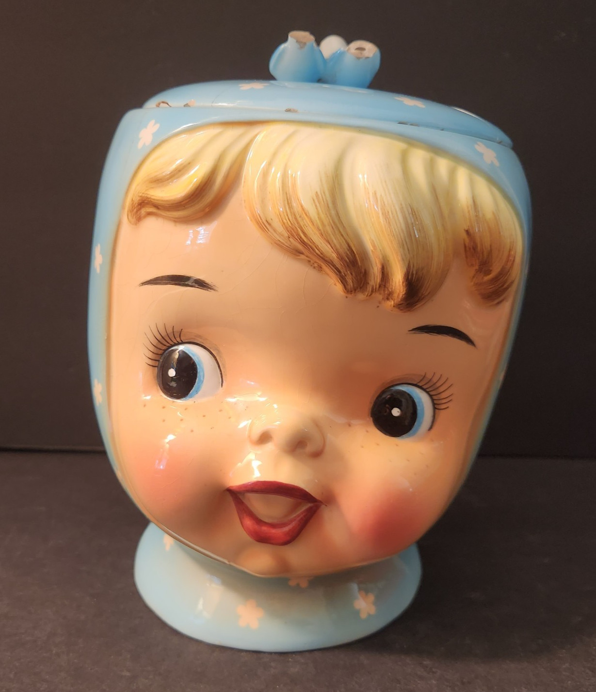 DAMAGED Vintage Napco Miss Cutie Pie Cookie Jar Blue A3505/BL Japan 1950s DAMAGED Vintage Napco Miss Cutie Pie Cookie Jar Blue A3505/BL Japan 1950s