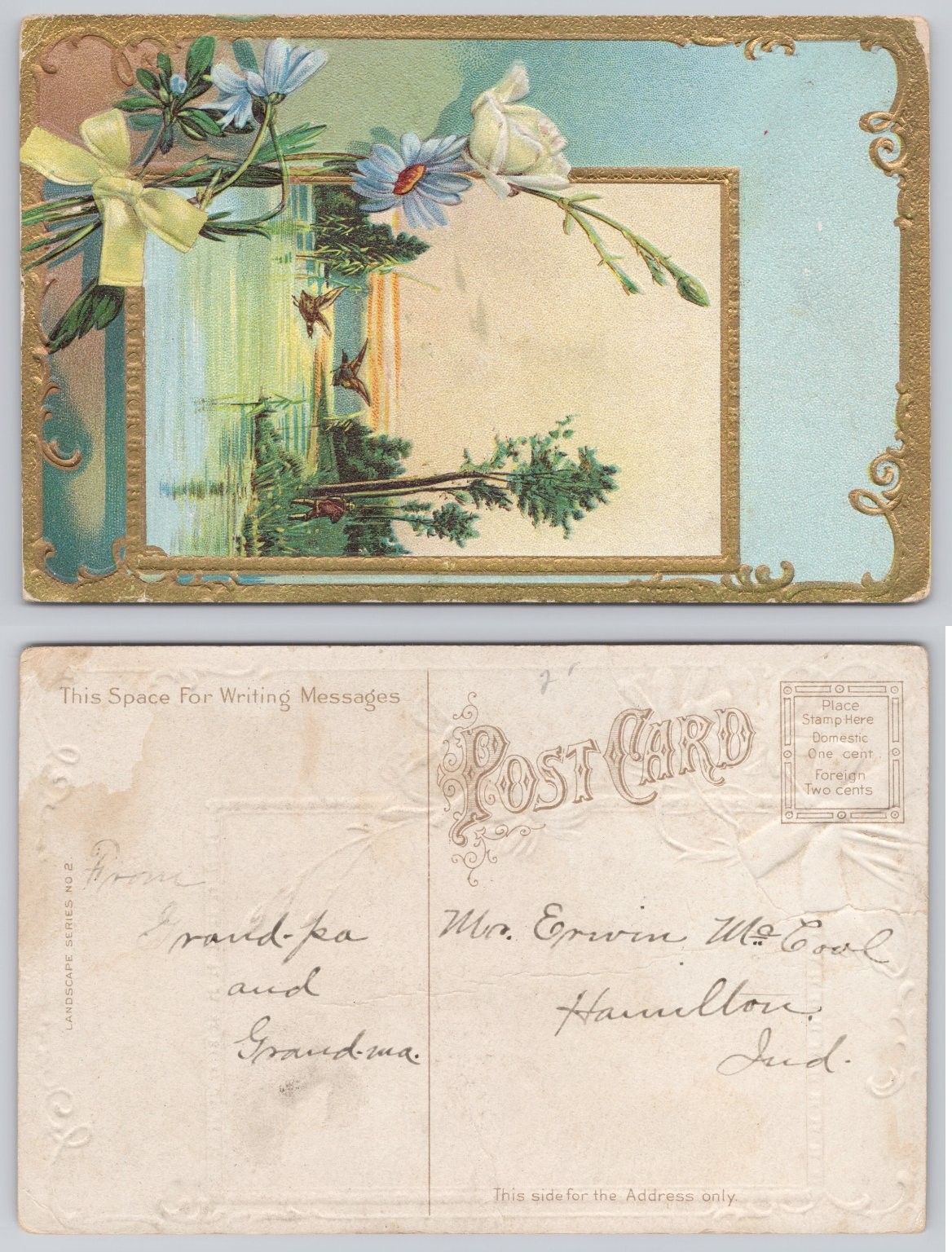 Antique Floral Scenic Postcard - Birds, Lake, Flowers, Embossed, Hamilton, Ind. Antique Floral Scenic Postcard - Birds, Lake, Flowers, Embossed, Hamilton, Ind.