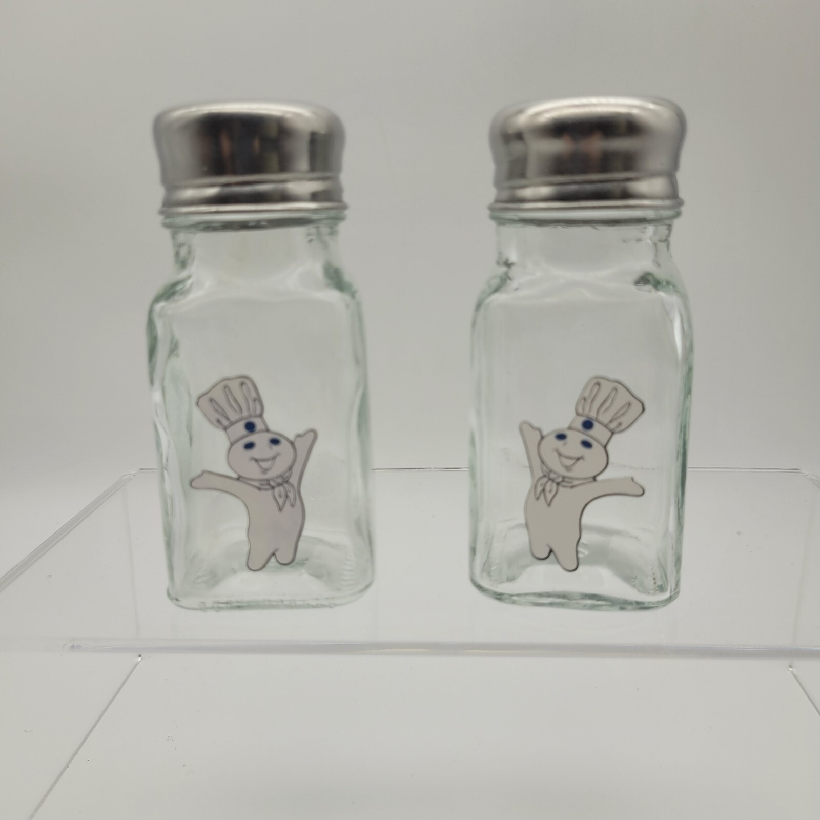 Vintage Pillsbury Doughboy Salt & Pepper Shaker Clear Glass w/Metal 4