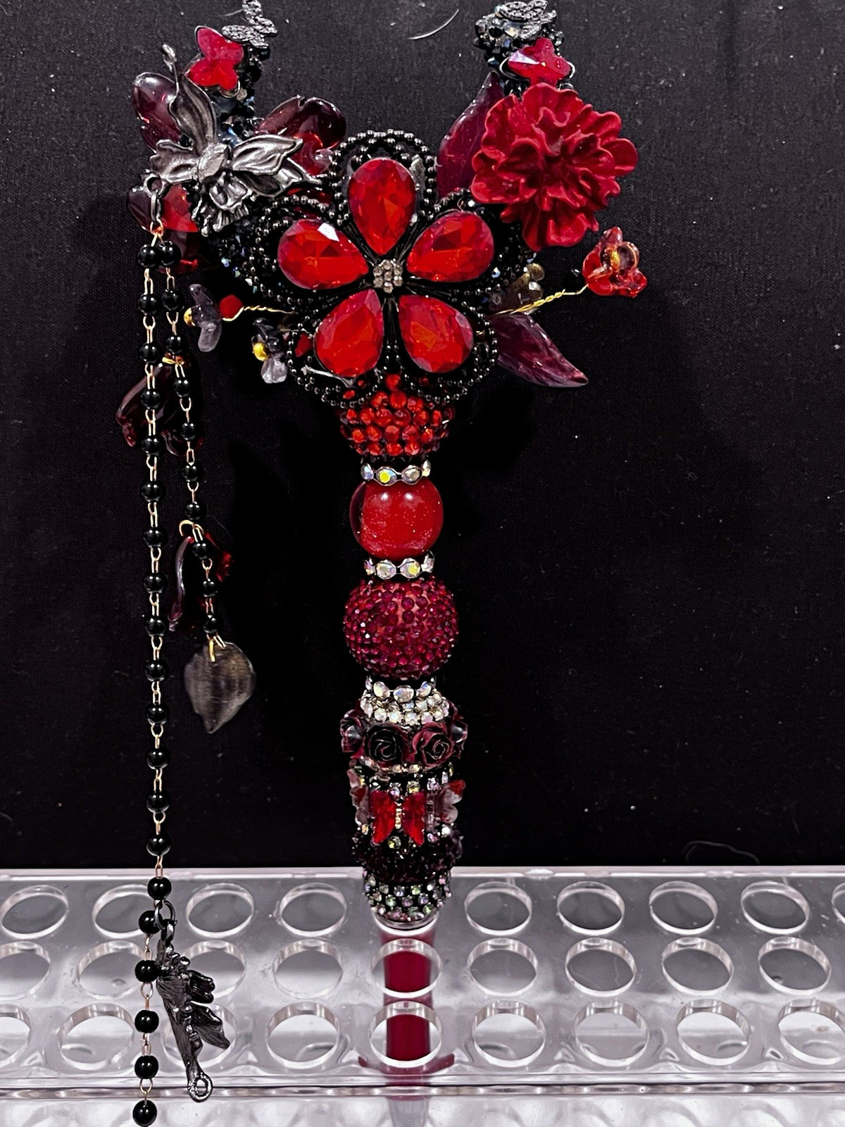 Halloween goth inspired black and Red Crescent moon floral focal fancy pen