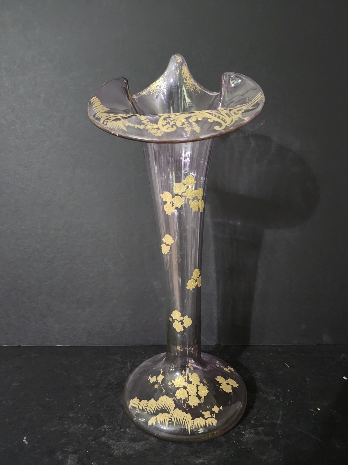 Antique French Gold Gilt Lt Lavender/pink Jack In The Pulpit Vase Art Nouveau...