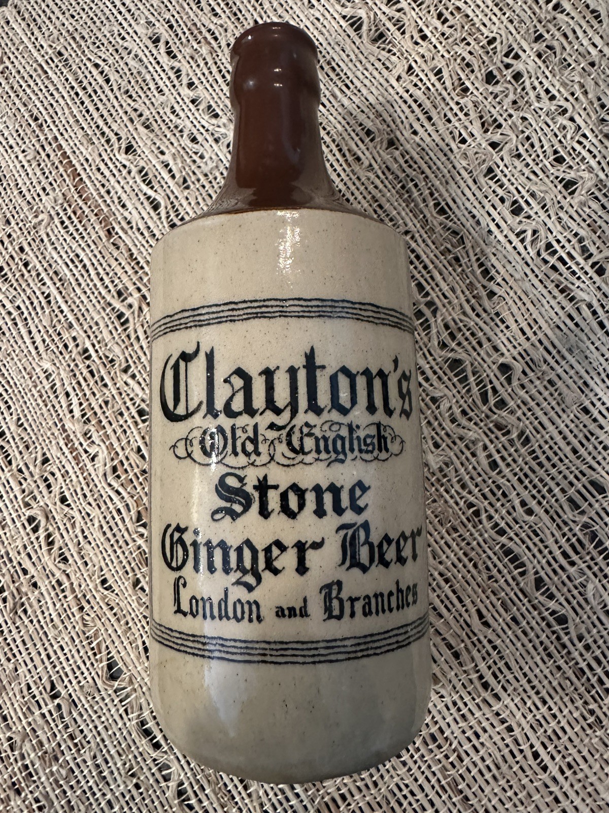 Antique Vtg “Clayton’s” Old English Stone Ginger Beer Bottle London & Branches