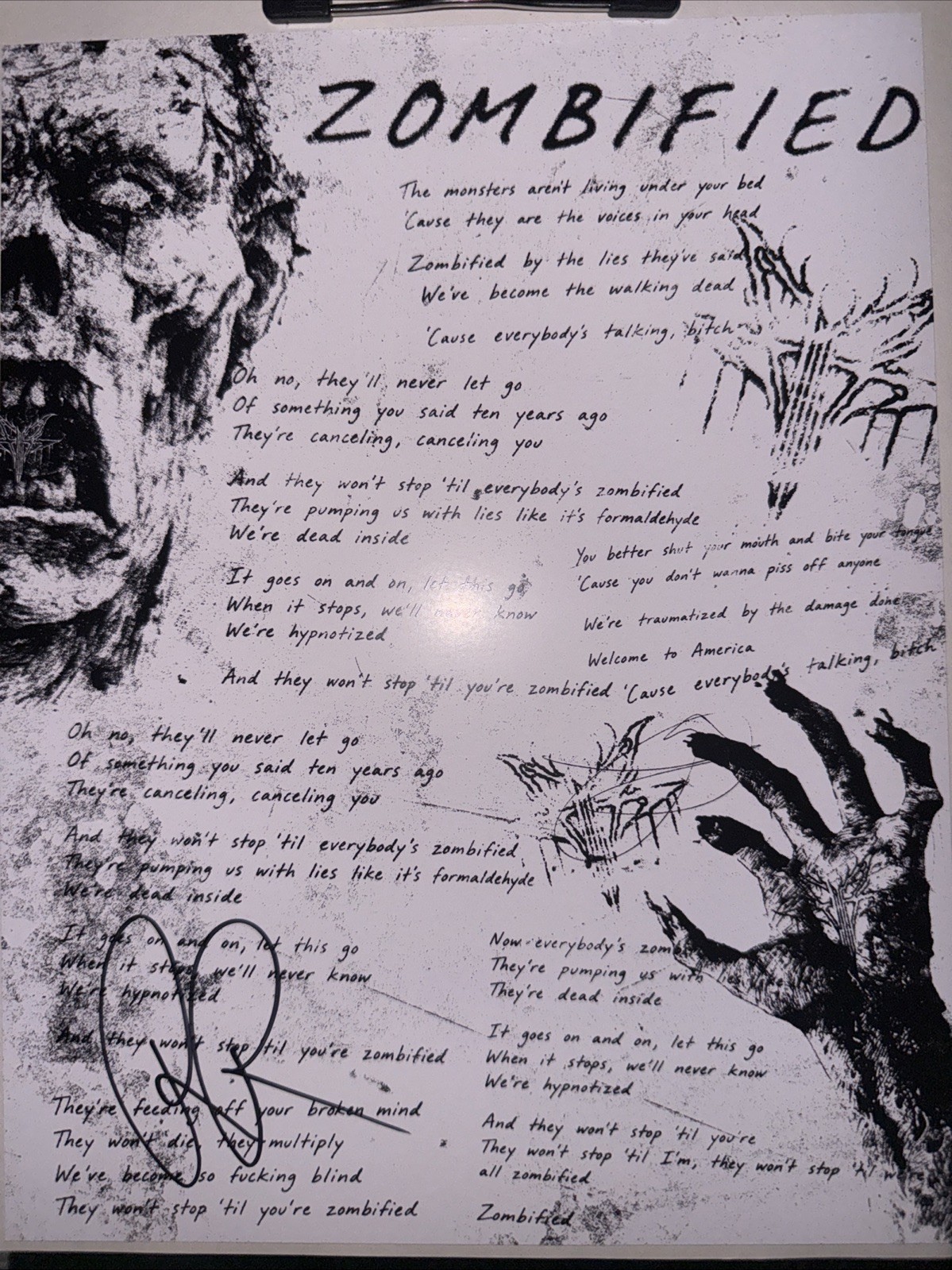 Falling In Reverse Ronnie Radke Signed Zombified Lyric Sheet 8x11
