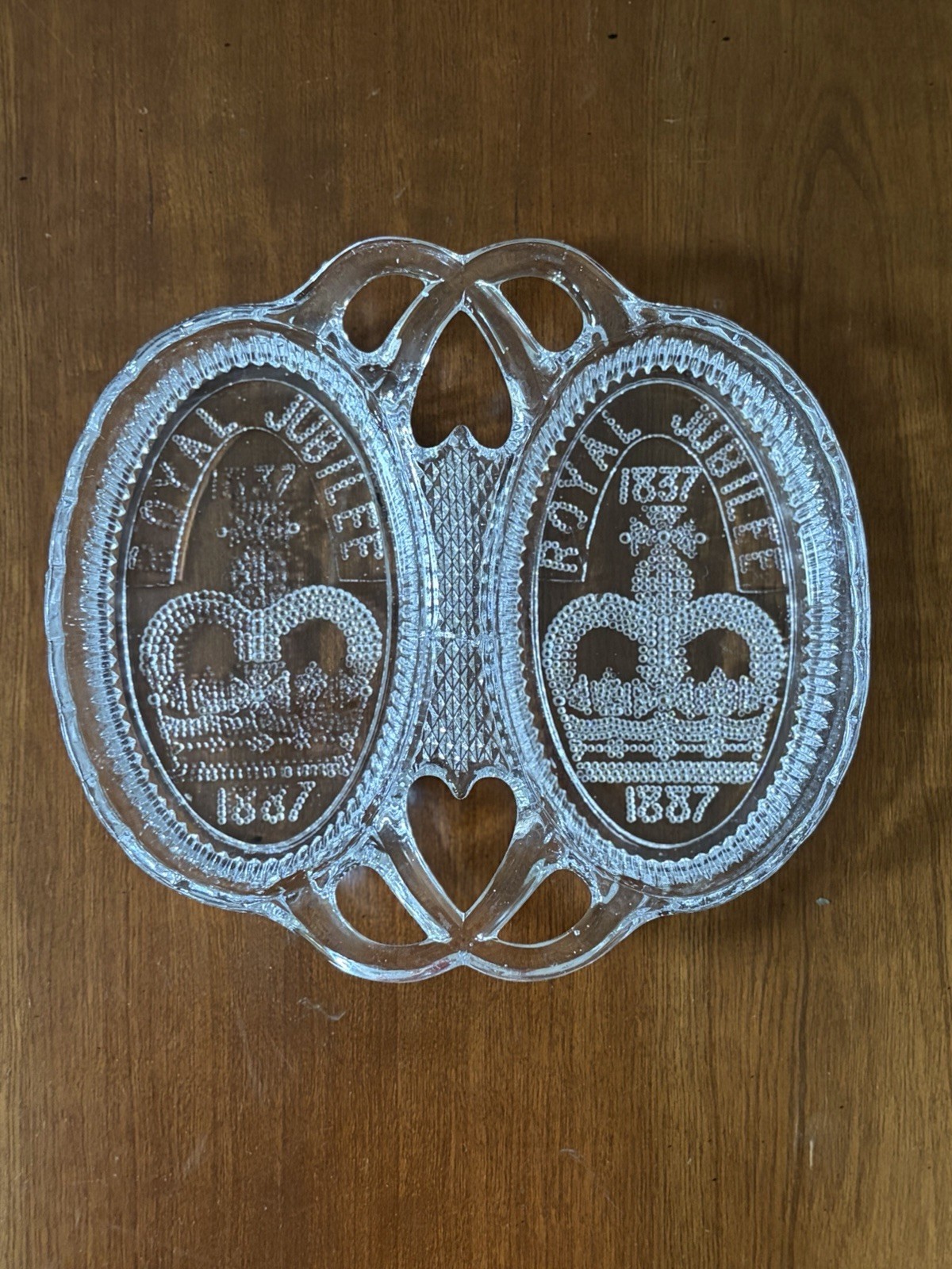 Antique Queen Victoria Golden Jubilee Royal Commemorative Glass Double Dish 1887