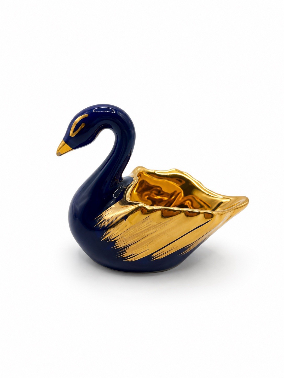 Vintage Limoges France Cobalt Blue Gold Porcelain Swan Open Salt Trinket Dish