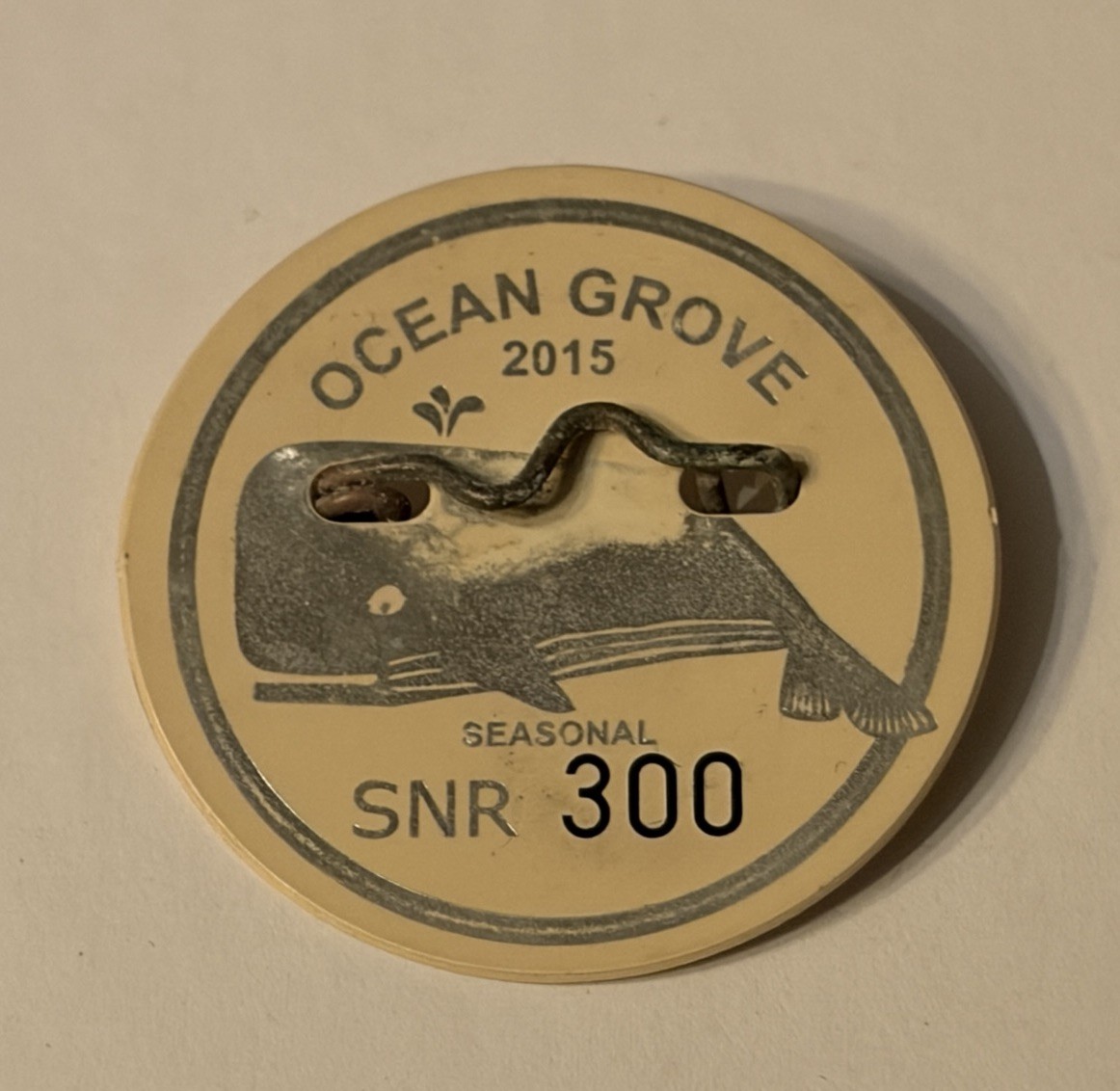 2015 Ocean Grove NJ Seasonal SNR Beach Badge 300 Whale Pinback Vintage Style Tag