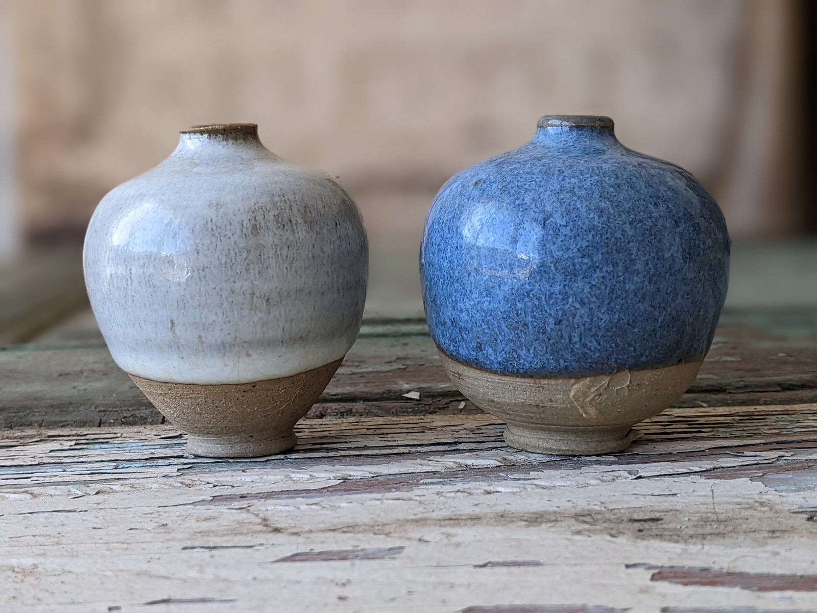 Vintage Drip Glaze Pottery Vases: Handmade Clay Set of 2