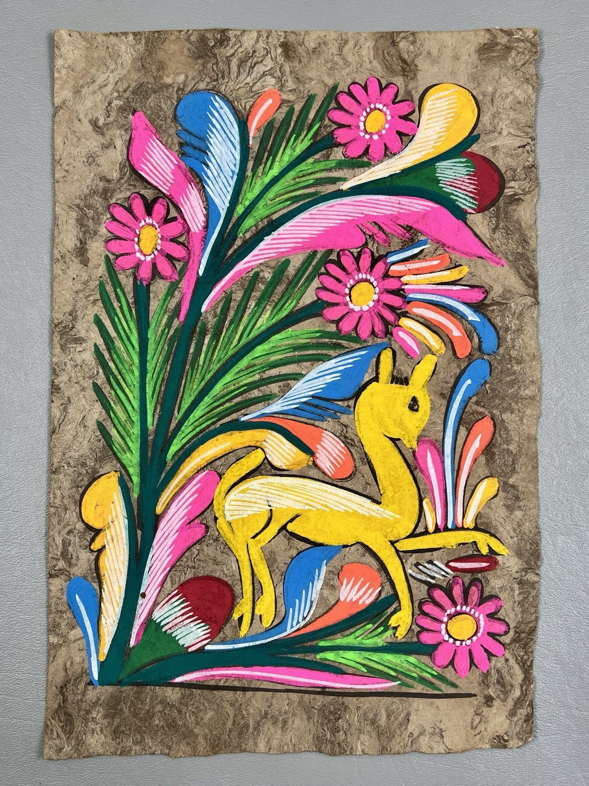 Vintage Mexican Amate Bark Art Painting Folk Art Deer Flowers UV Reactive