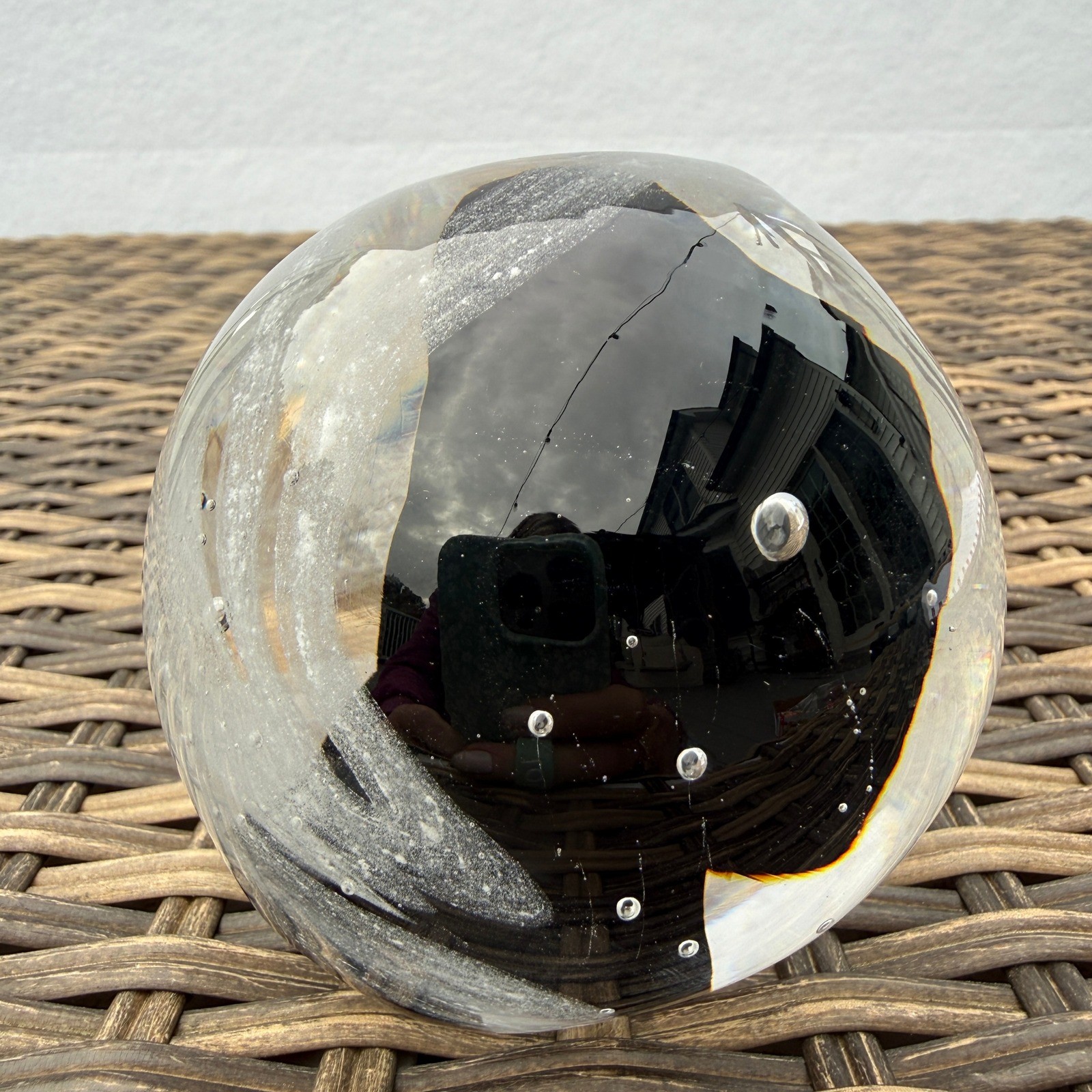 Vintage Black White Art Glass Paperweight Abstract Swirl Bubbles 3.5