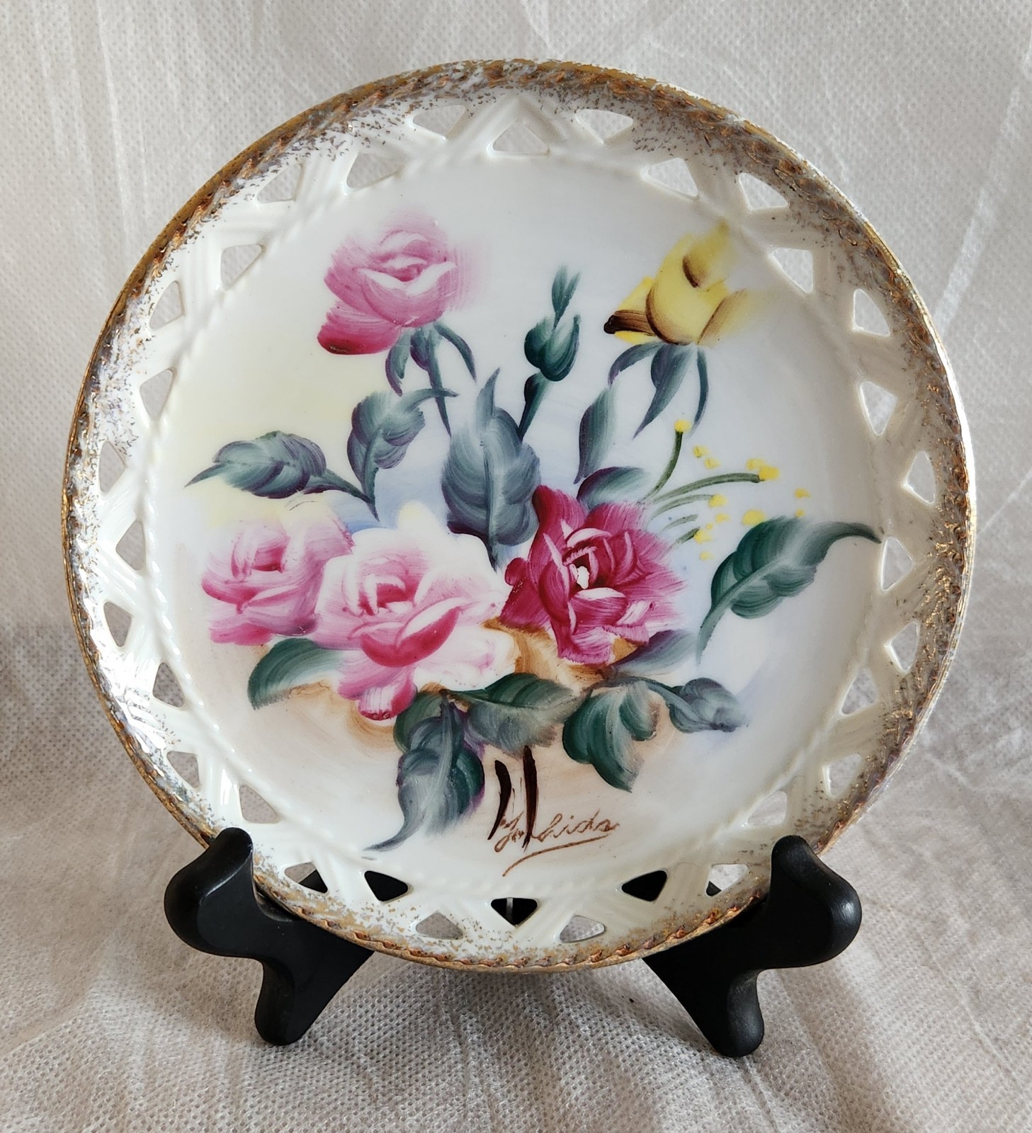 Usage Ceramics Japan 1930-60 Signed Reticulated Hand Painted Plate