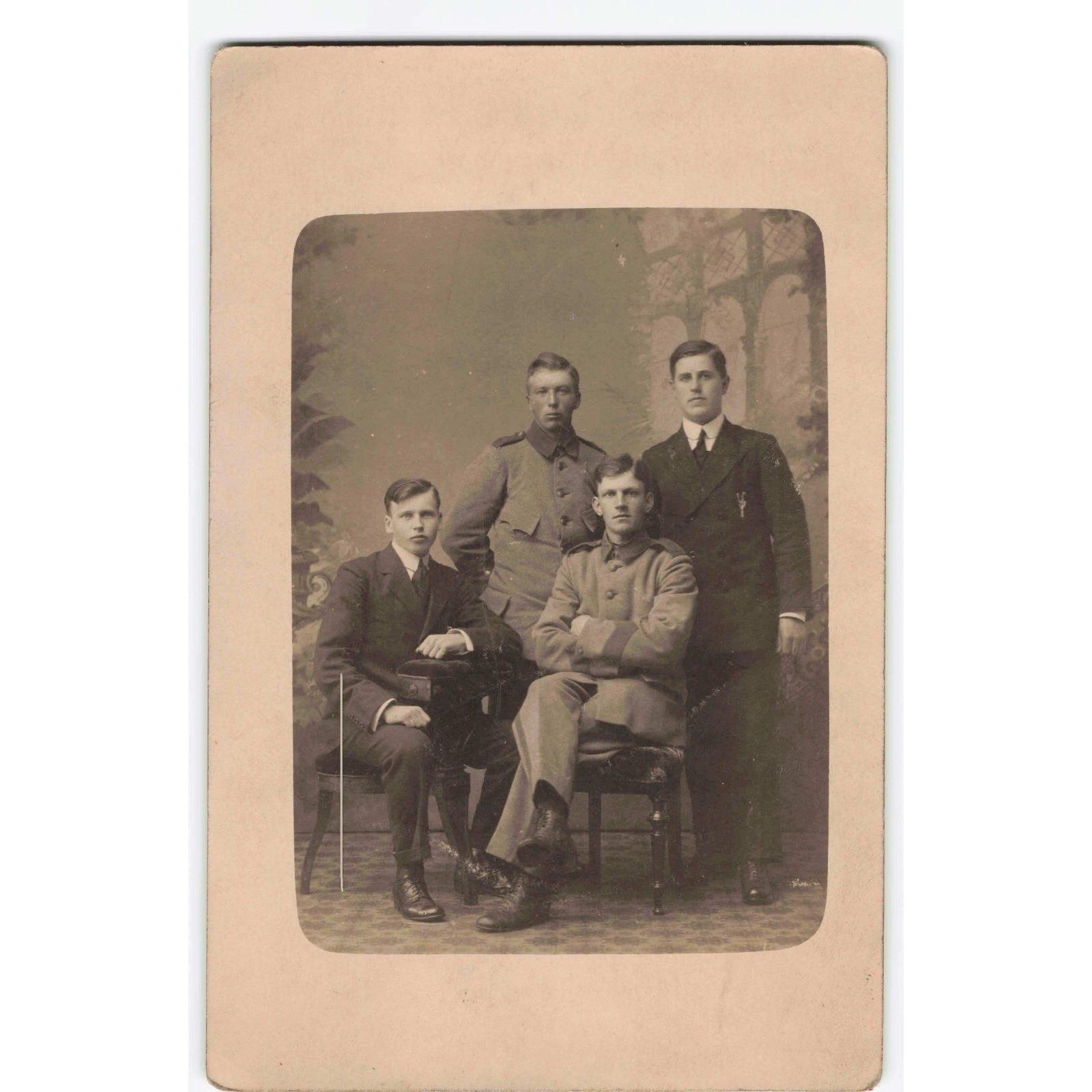 RPPC Real Photo Postcard Four Men Military Uniform Civilian Suits c1910s