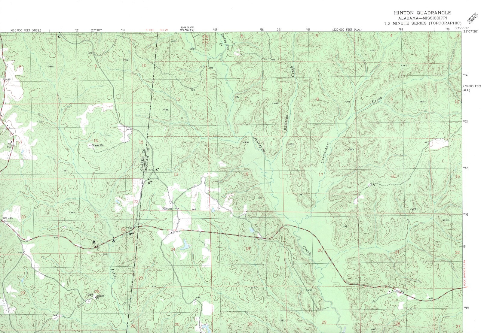 Hinton Quadrangle Alabama-Mississippi 1974 USGS 7.5 Topo Map with Markings