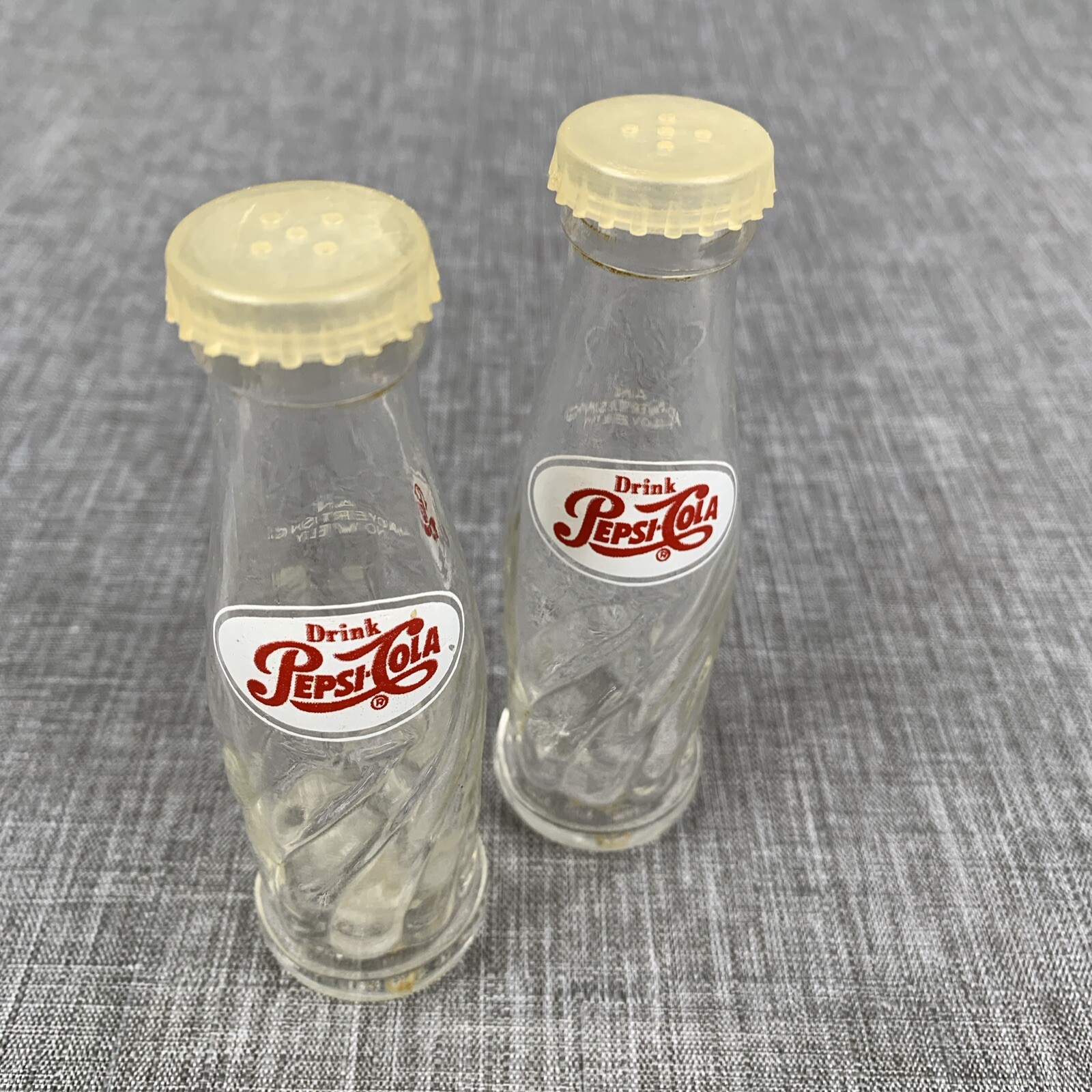 VTG Mini Drink Pepsi Cola Glass Salt and Pepper Shakers Plastic Top Advertising