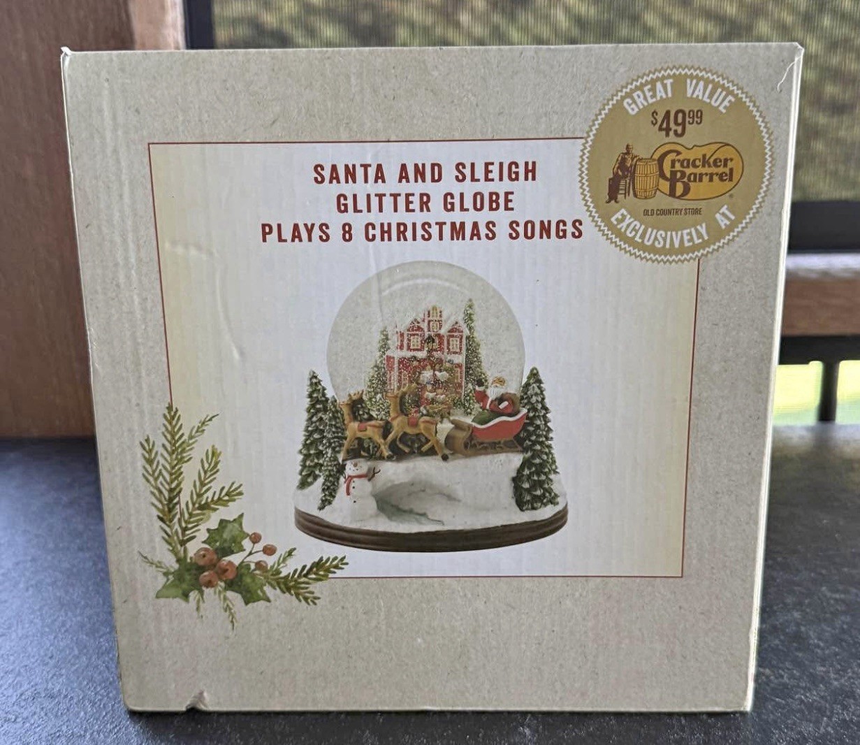 Cracker Barrel Santa & Sleigh Glitter Globe — Plays 8 Christmas Songs - NEW