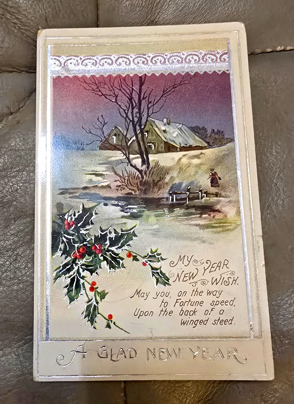 Vintage 1917 A GLAD NEW YEAR Embossed Postcard Posted w/ Stamp Divided Back