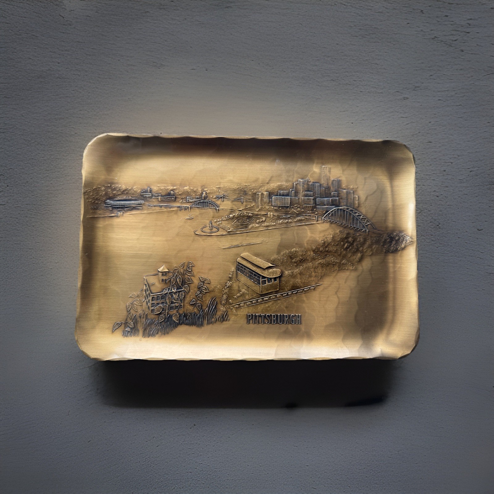 Vtg Wendell August Solid Bronze Tray Pittsburgh Cityscape 9\