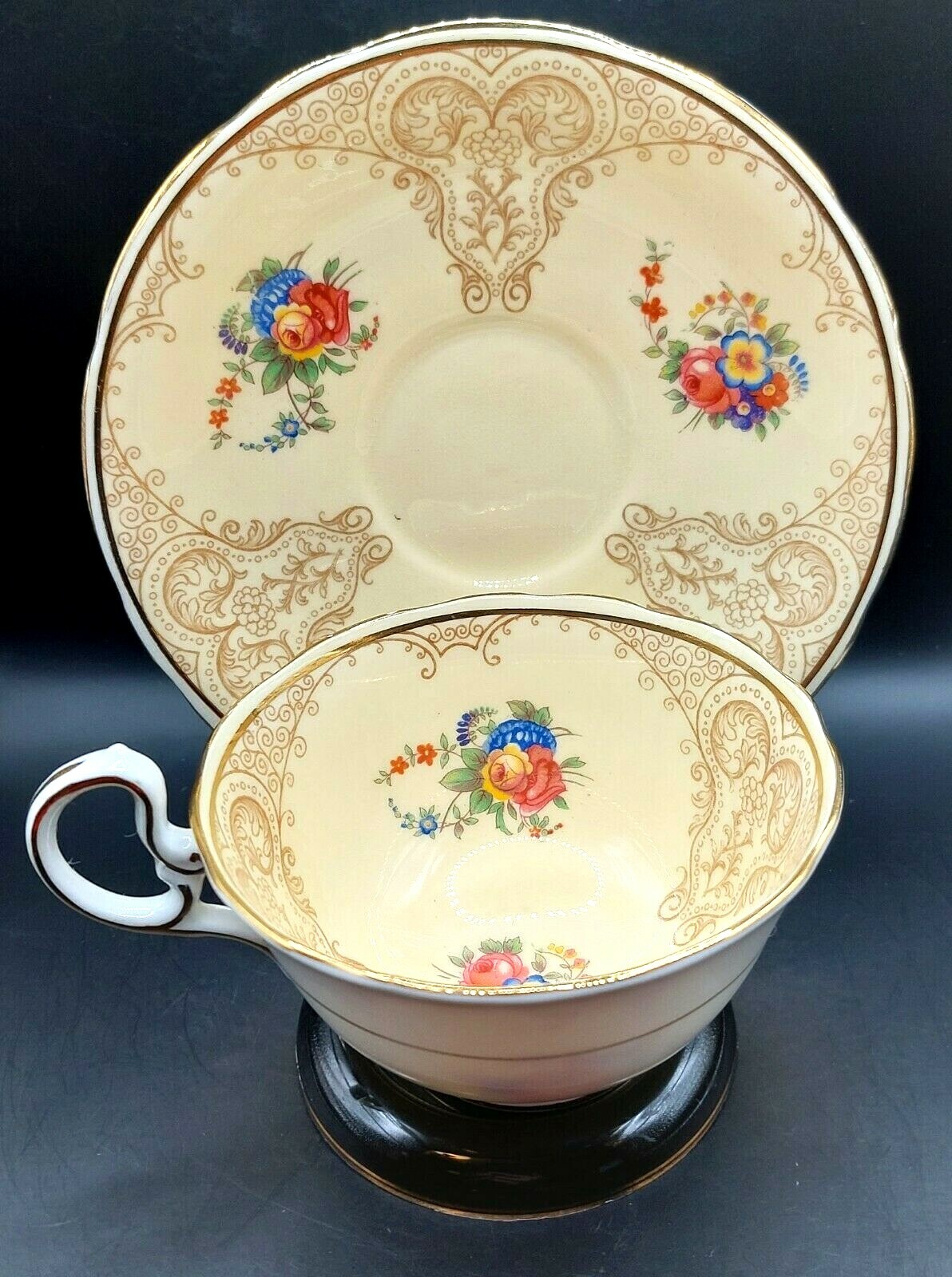Vintage~ Aynsley~ Teacup & Saucer~ Pink & BlueFloral/Tan w/Gold Scrolls & Bands~