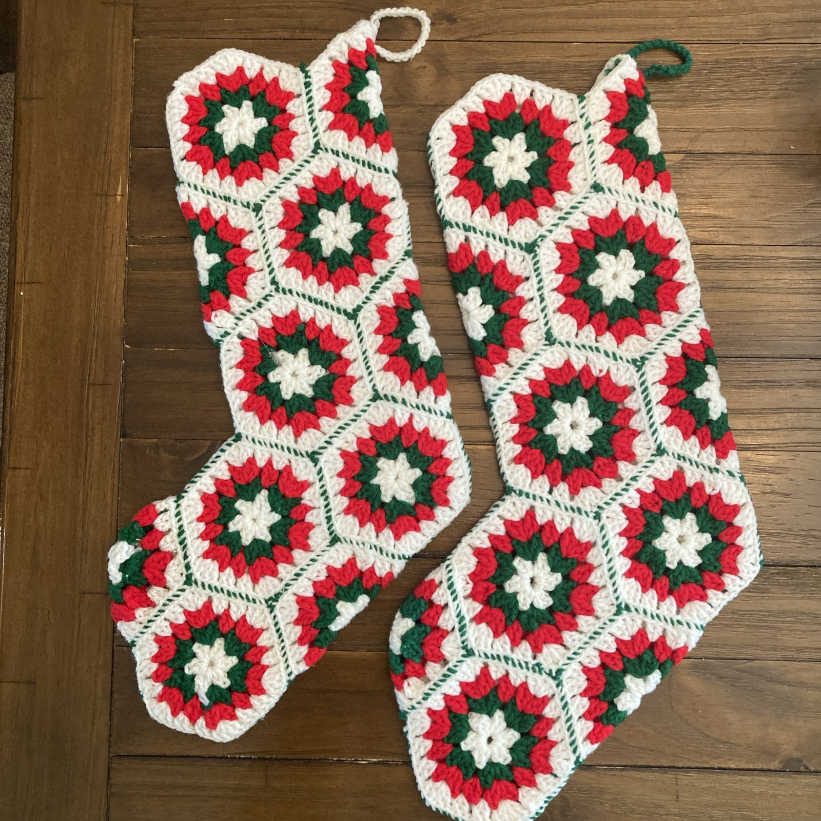 Set Of 2 Vintage Granny Square Crochet Handmade Holiday Christmas 20” Stockings