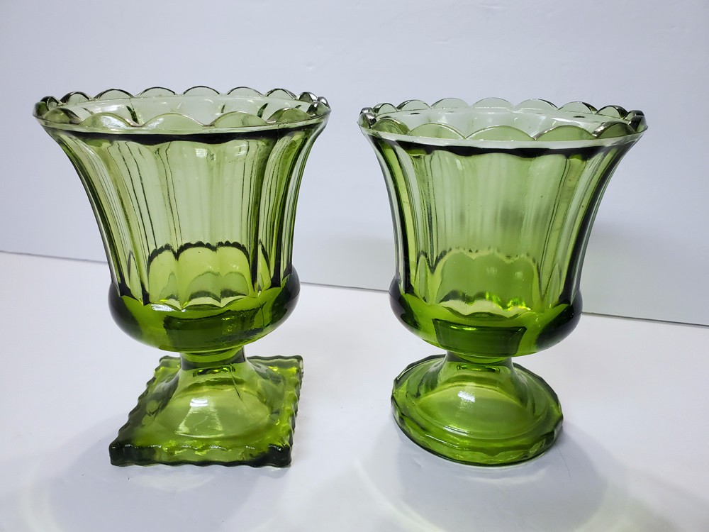 Vintage 1970s GREEN GLASS Fluted Fancy Design Footed Compote Candy Dish Vase
