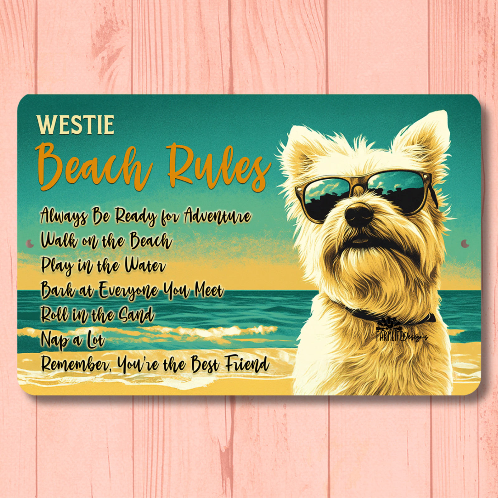 Westie Beach Rules Sign dog metal tin funny art coastal decor highland terrier