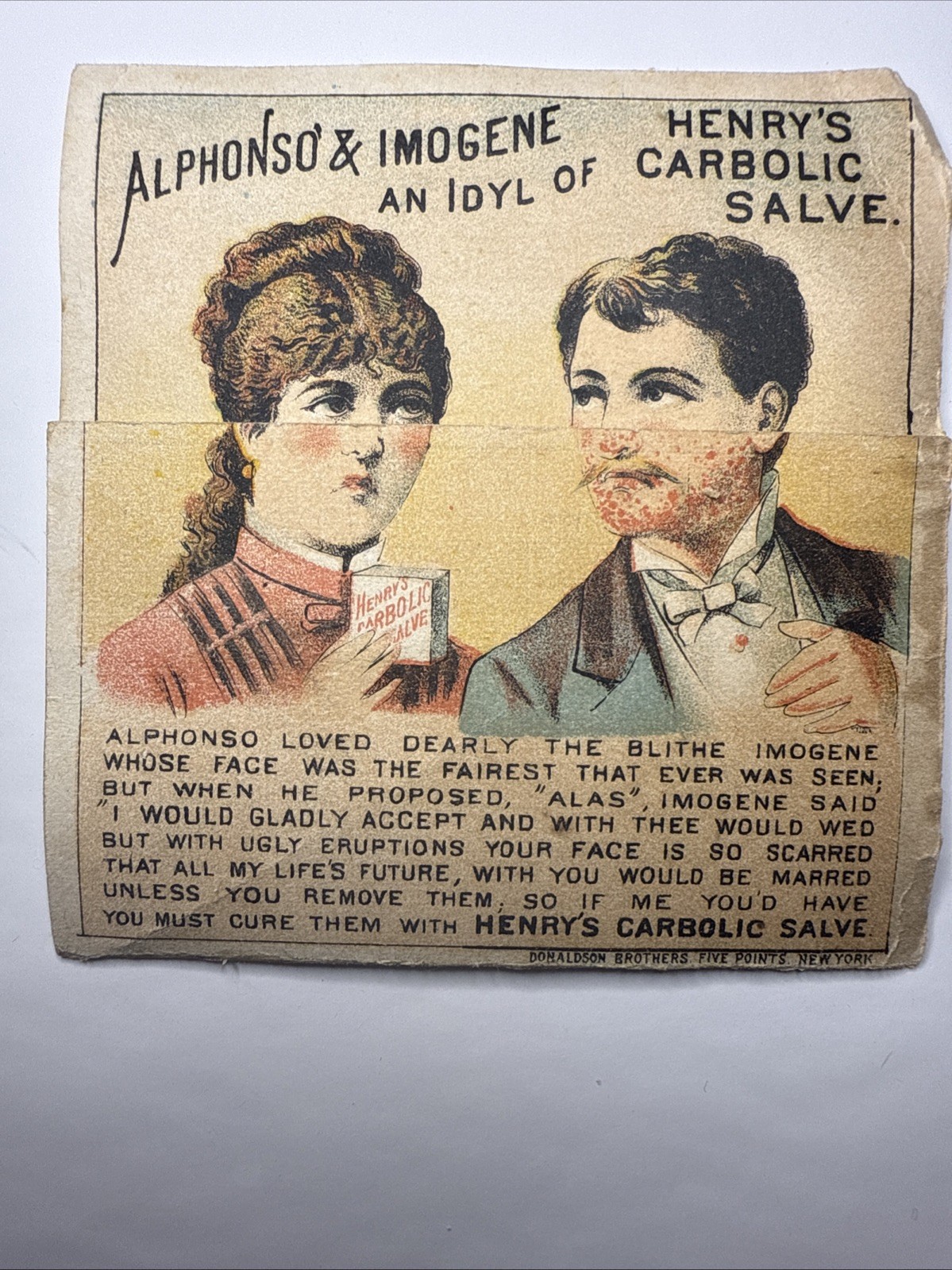 Fold Out Victorian Trade Card Alphonso’s Acne Needs Henry’s Carbolic Salve C6
