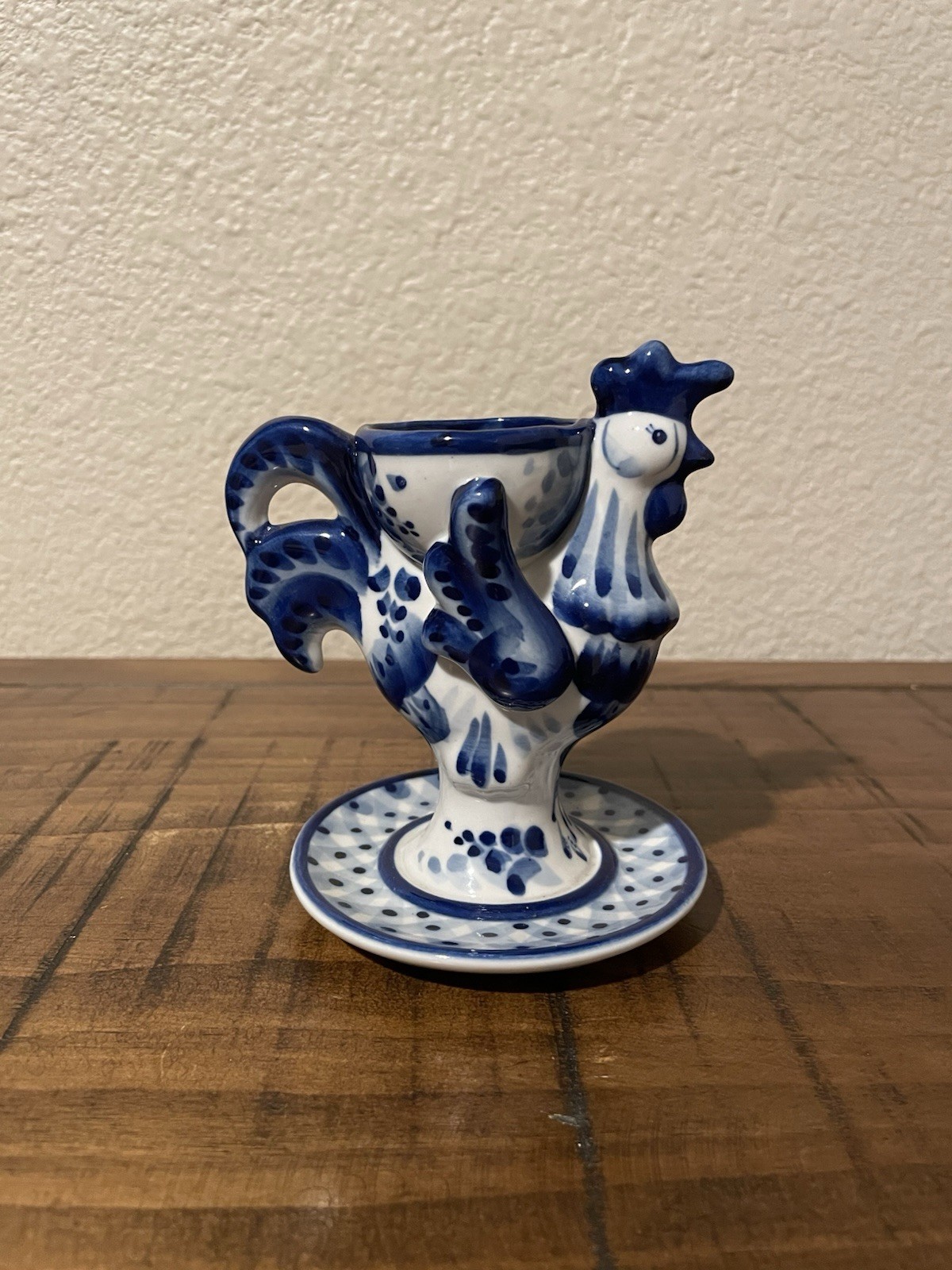 Vintage Gzhel Russian Porcelain Rooster Shaped Egg Cup