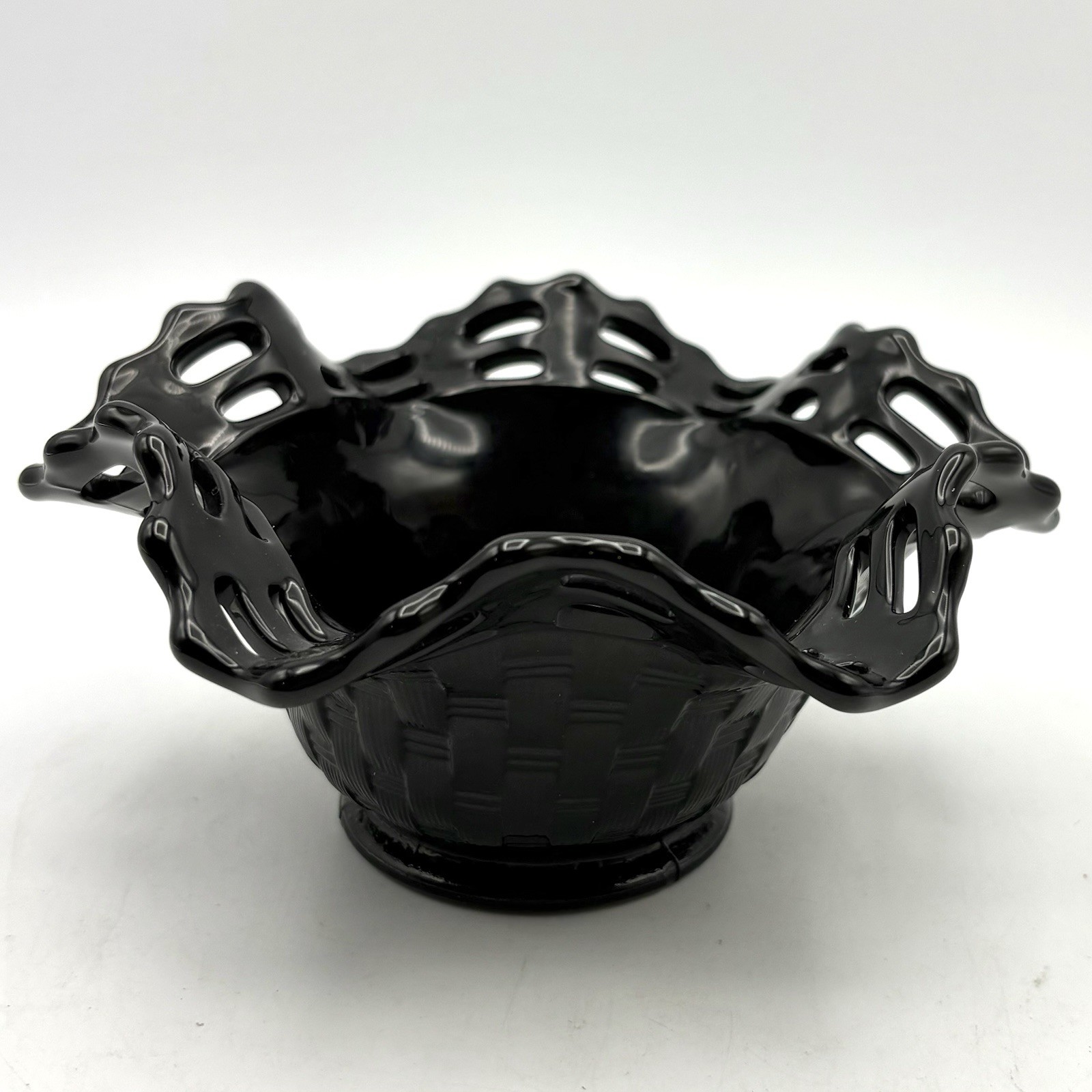 Vtg Fenton Black Amethyst Glass Basket Ruffled Reticulated Edge Weave Pattern