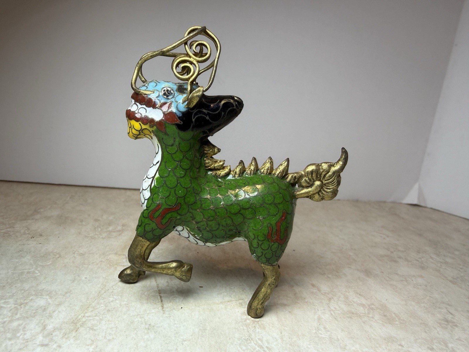 Vintage Chinese Cloisonne Qilin Foo Dog Figurine Enamel Brass Kirin Guardian 3