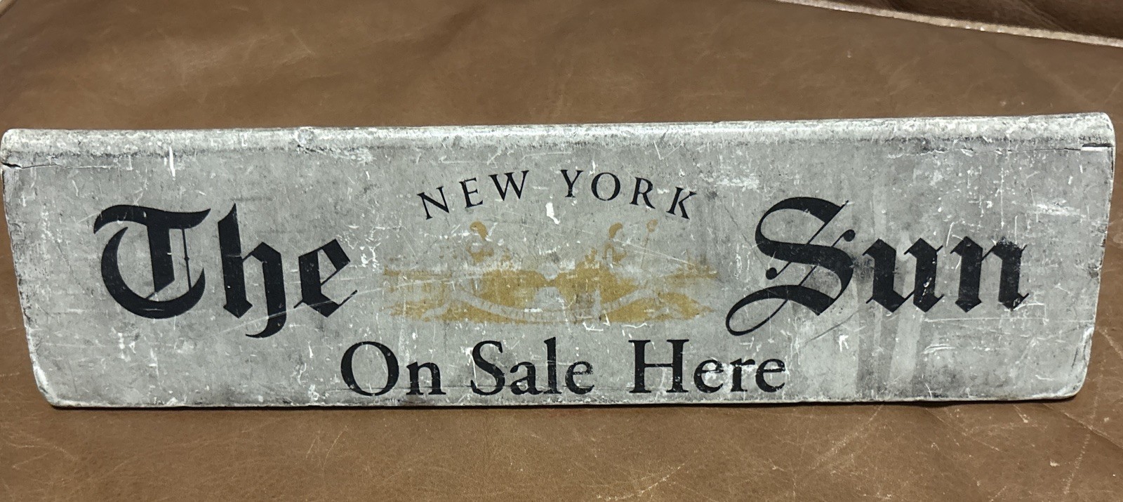 Antique \'The New York Sun\' Newspaper Weight Wooden 3-Sided Sign Yellow & Black