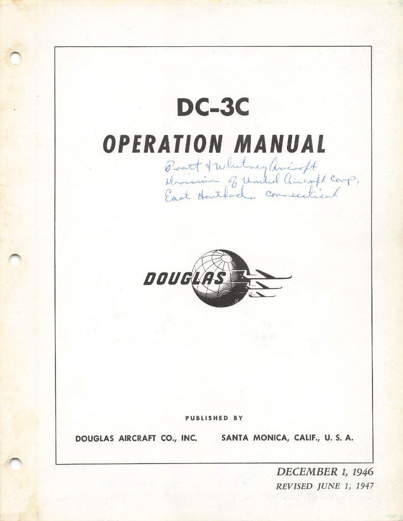 1947 DOUGLAS FACTORY DC-3C TRANSPORT PILOTS FLIGHT MANUAL AIRCRAFT HANDBOOK-CD