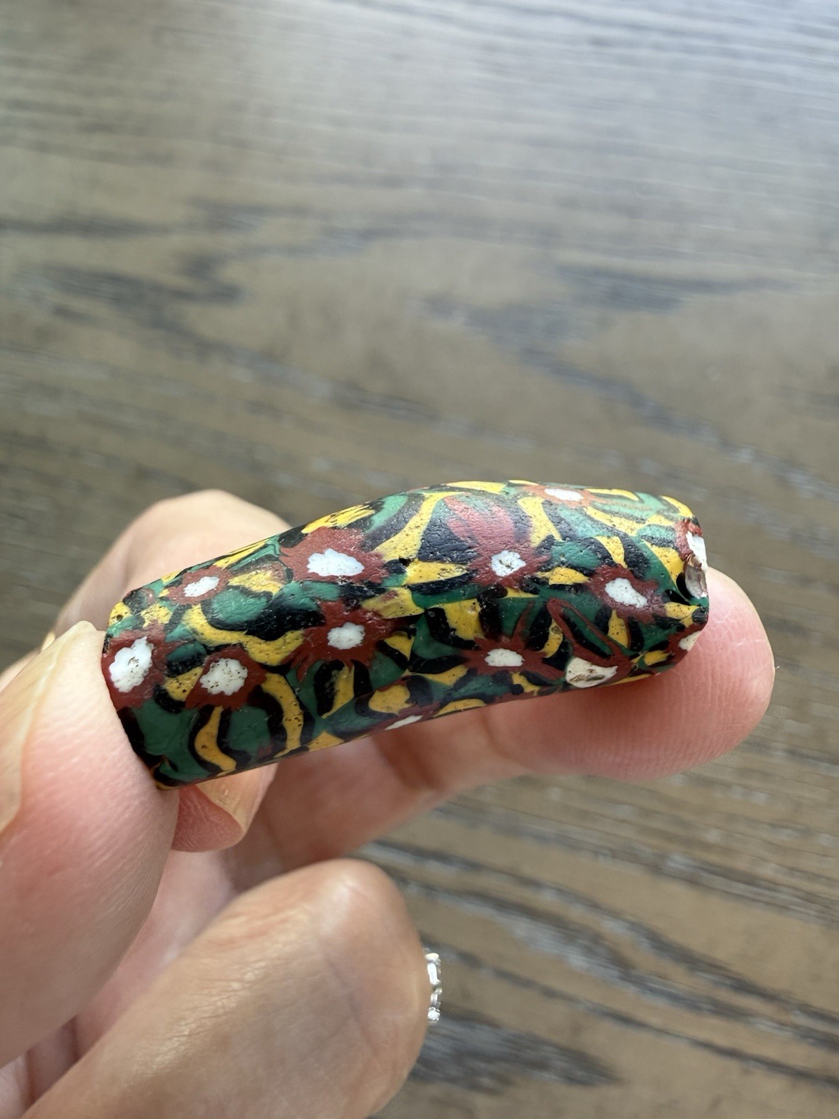 Large MILLEFIORI  African Trade Bead Glass Yellow Green Brown 34mm Elbow