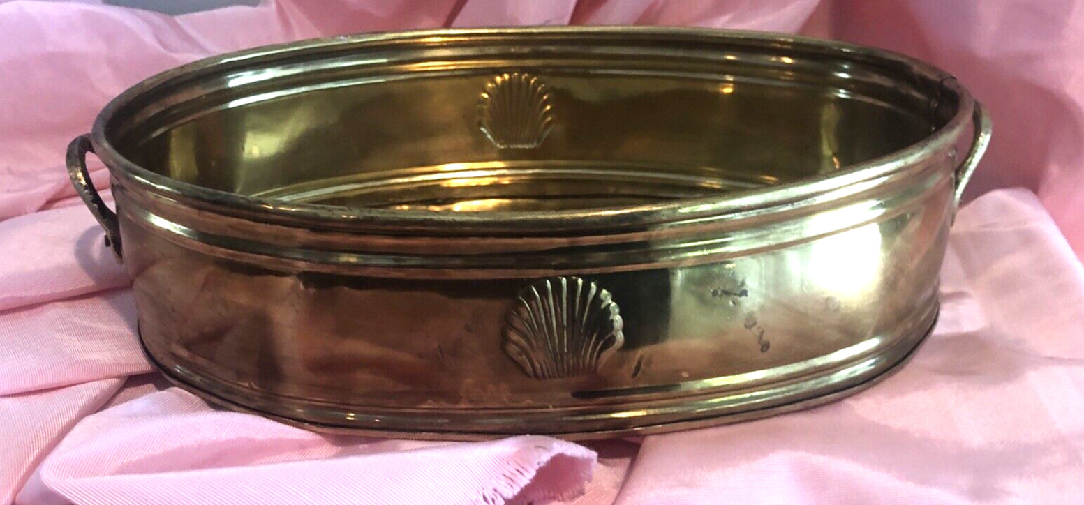 Vintage Brass Planter w Handles Oblong Embossed Seashell Shallow Bowl    3\