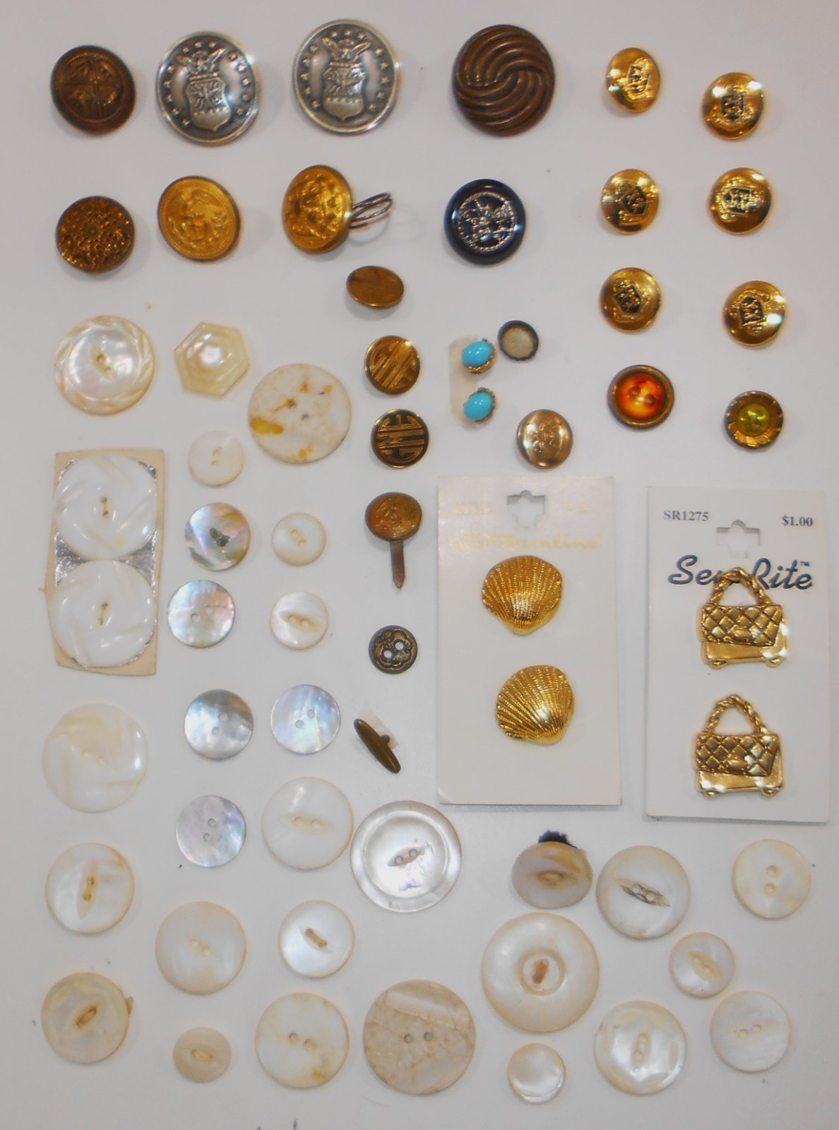 55 Bulk Lot Vintage Buttons Metal, MOP, Carved, Emblems, Novelty