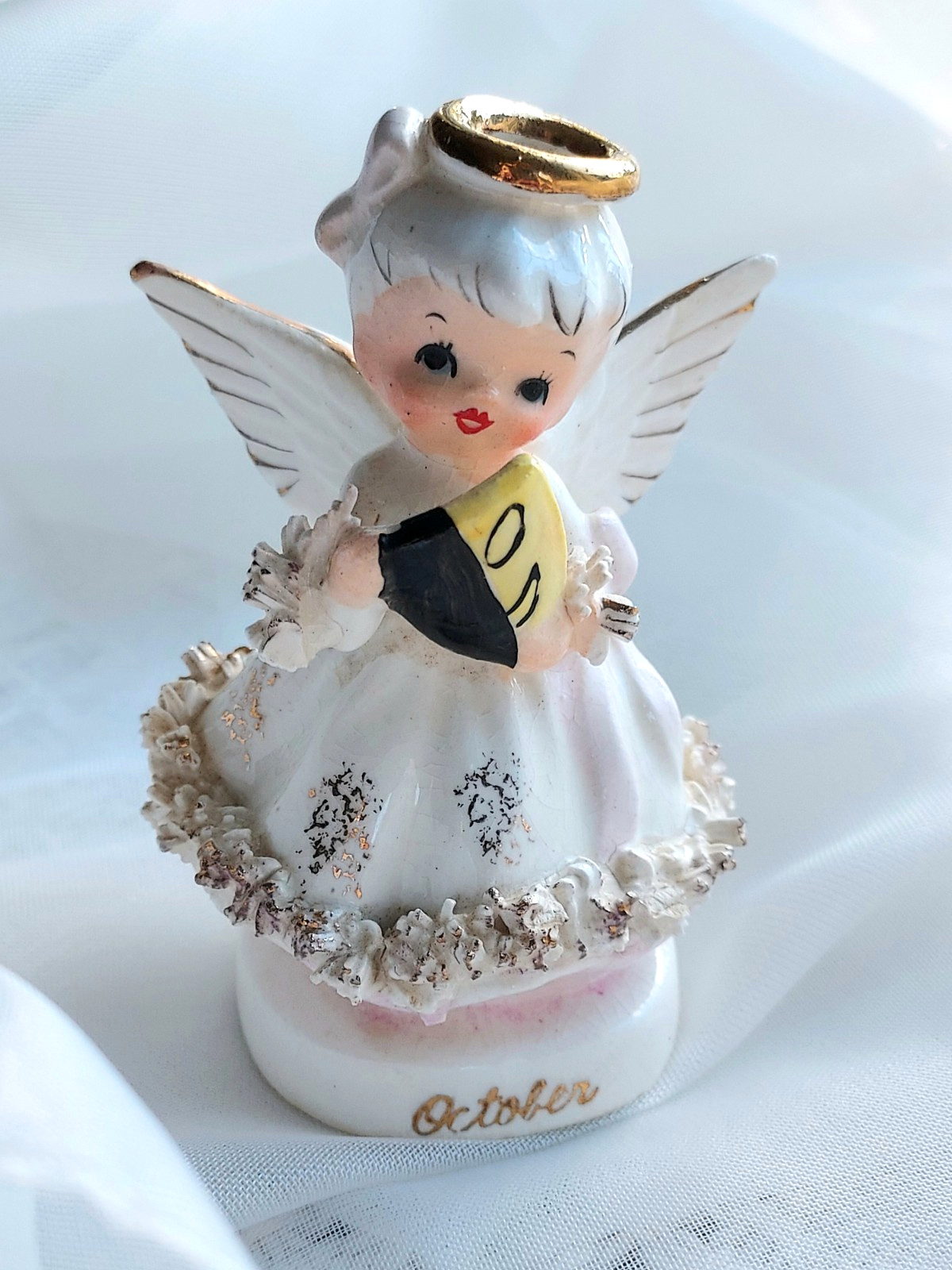 Vtg Napco Ceramic October Birthday Angel Figurine w/ Masquerade Mask - A4307 Vtg Napco Ceramic October Birthday Angel Figurine w/ Masquerade Mask - A4307