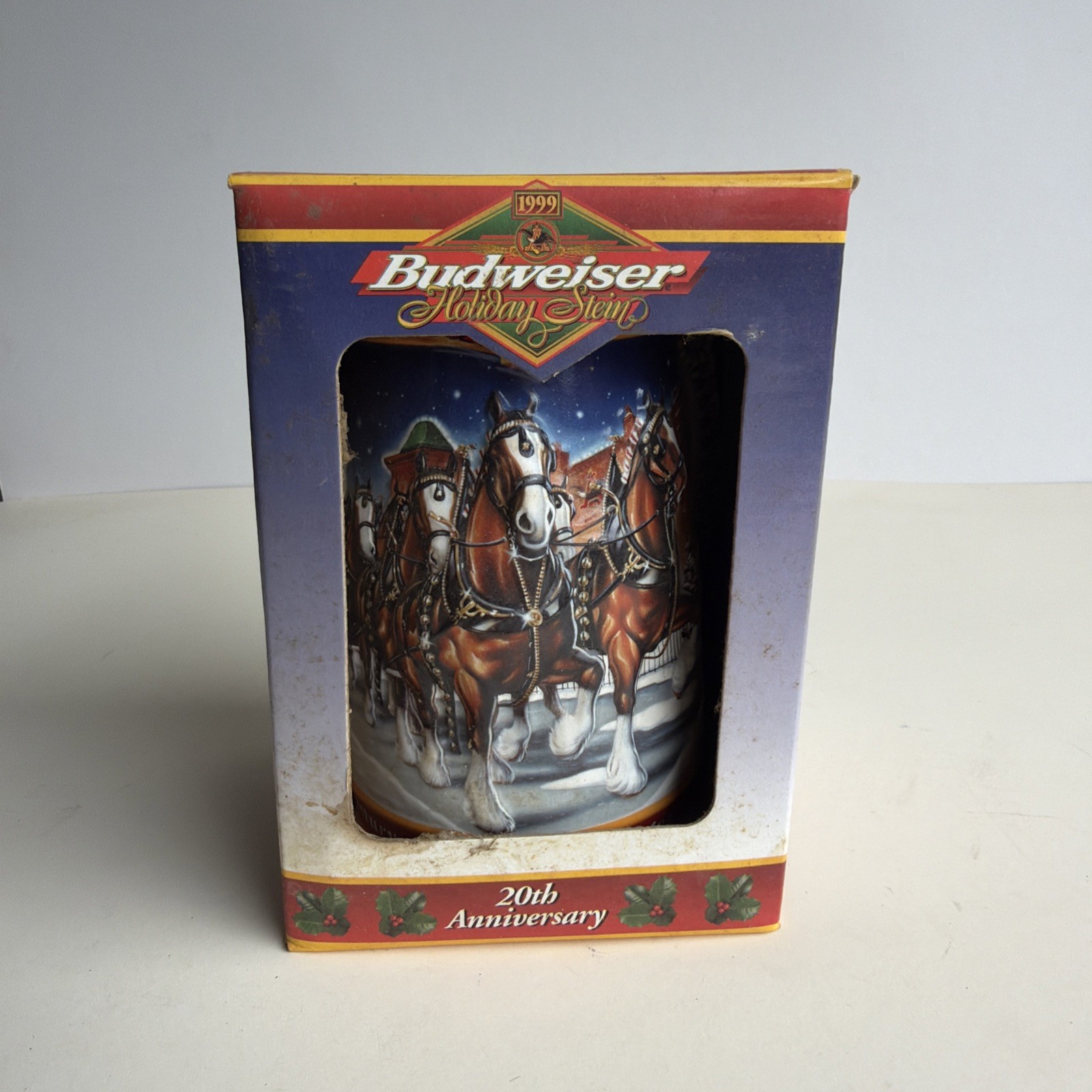 1999 Budweiser 20th Anniversary Holiday Stein with Clydesdales Horses in Box.