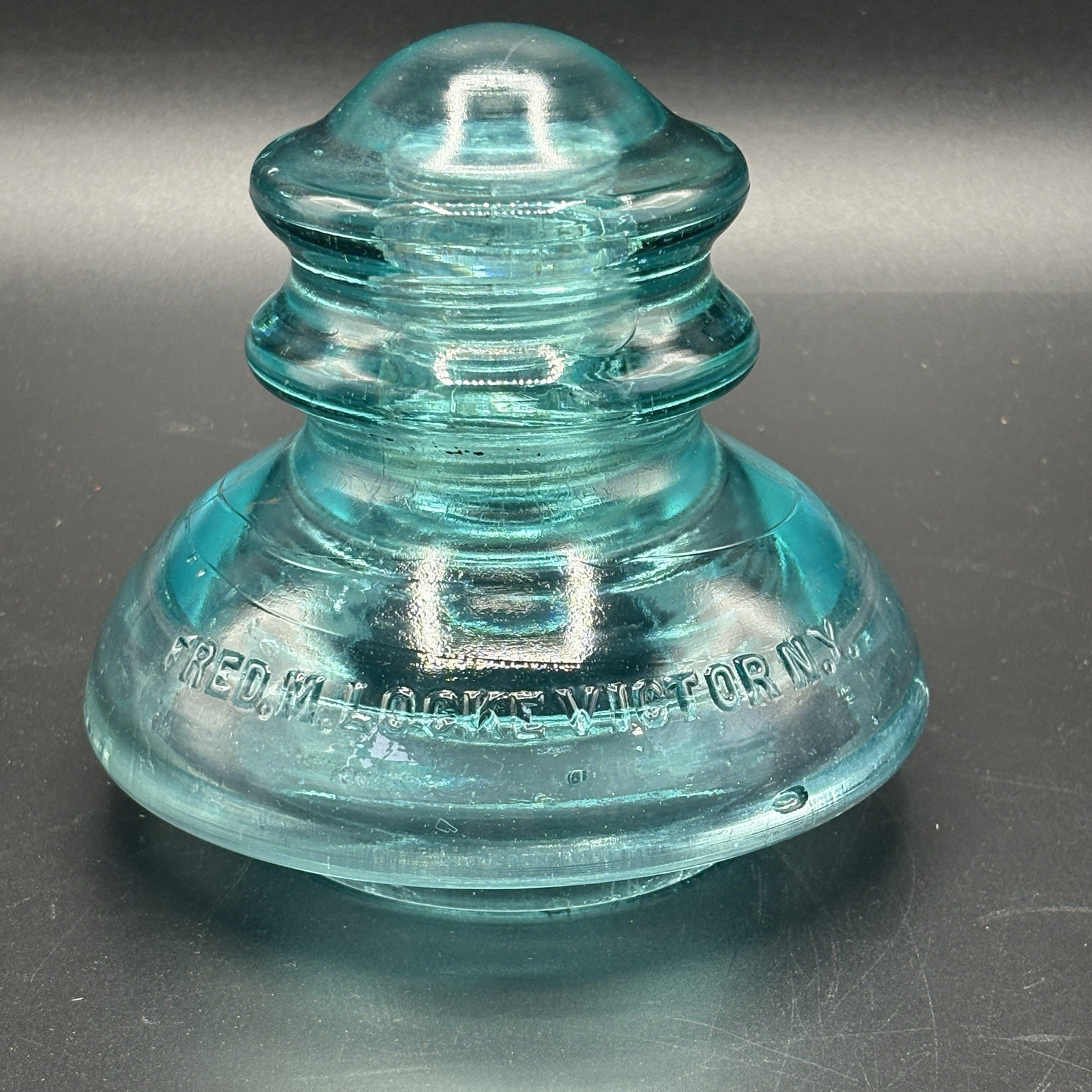 Antique Fred M. Locke Victor NY Aqua Glass Telegraph Telephone Insulator (P)