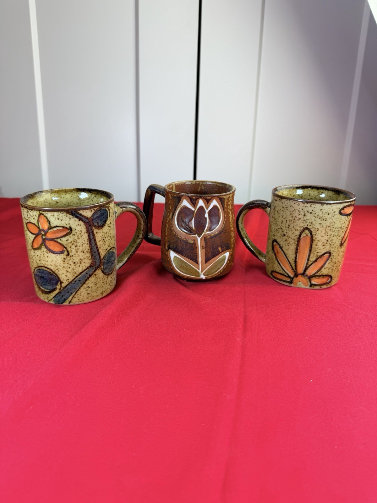 Vtg 1970s Otagiri Japan Speckled Stoneware Floral Coffee Mugs Lot of 3