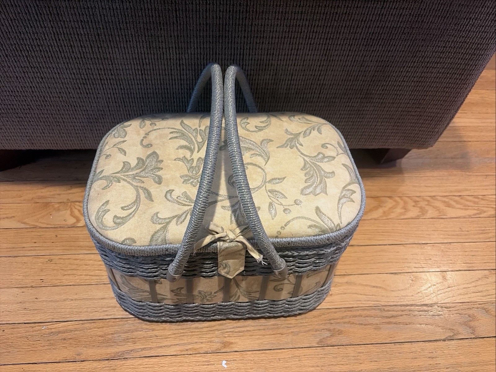 Vintage Sewing Basket Tapestry/Wicker Filled With Sewing Supplies/Buttons