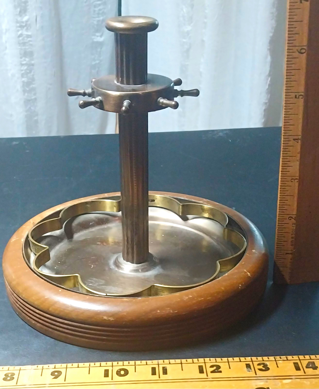 Vintage Solid Brass Walnut Wood Base Table Smoking Pipe Stand, Nautical Design