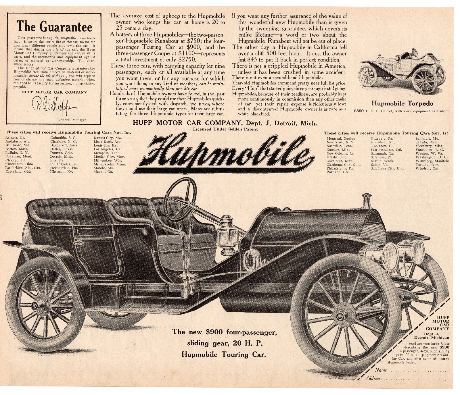 1910 Hupmobile Touring Car Torpedo Runabout Brass Era Pre WWI Detroit Automobile