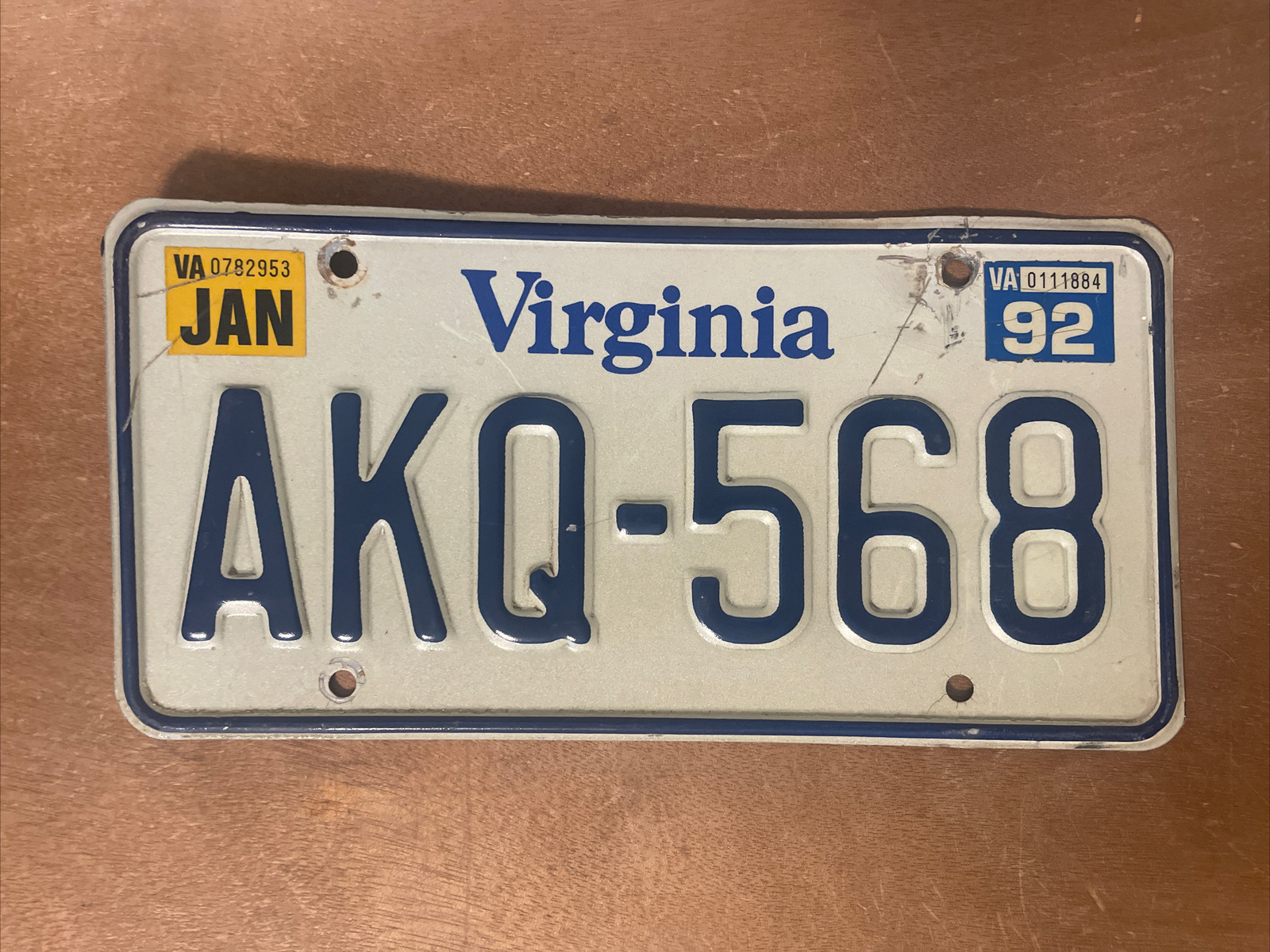 1992 Virginia License Plate # AKQ-568
