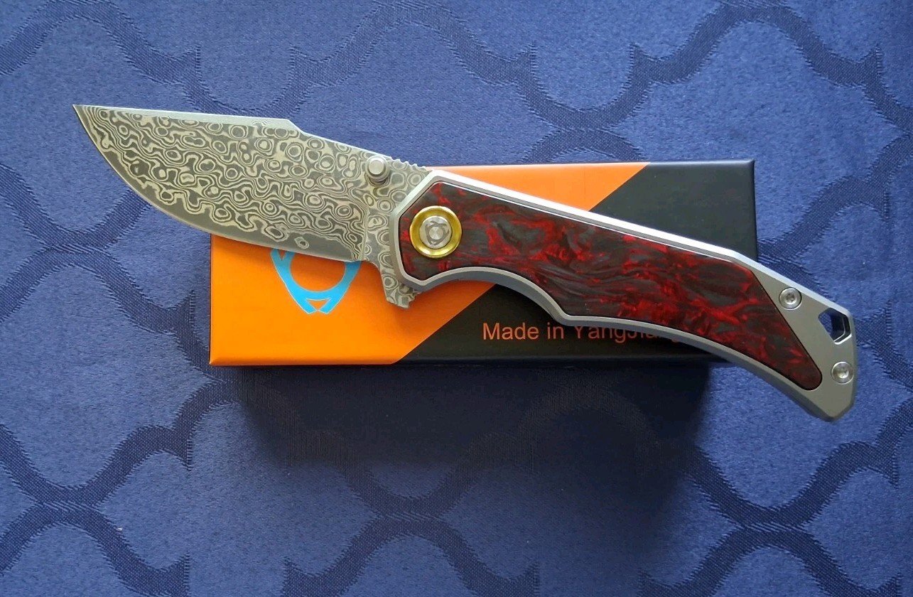*NEW* 🔥 SIXLEAF Folding Knife w/Damascus Blade & Titanium/CF Handle (SL-89-Red)